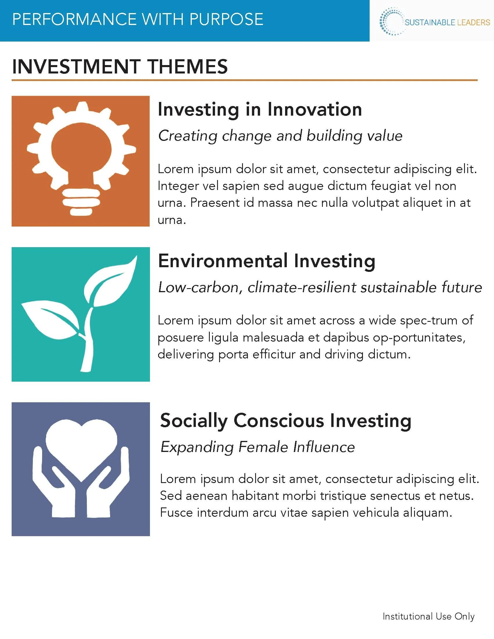 Marketing Collateral & Logo Design for Sustainable Leaders Investment Management, Adobe InDesign & Illustrator