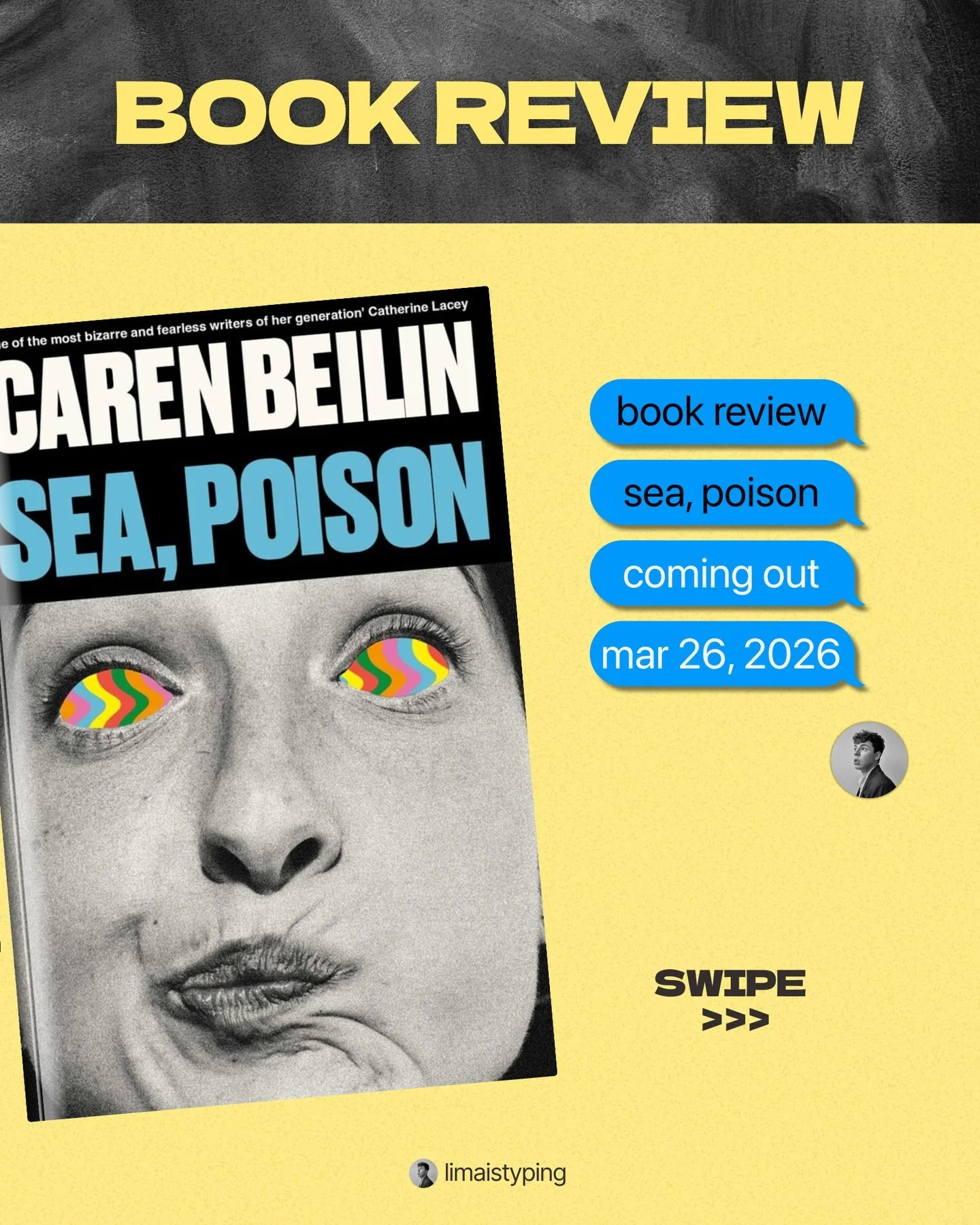 Sea, Poison by Caren Beilin

🤬 rage bait 
🌈 disability 
🍄 plunge to madness 
✍️ experimental prose 
🫦 original voice

Rating: ☀️☀️☀️

Cumin Baleen is a forty-something journalist working at Sea &amp; Poison when she&rsquo;s diagnosed with an auto