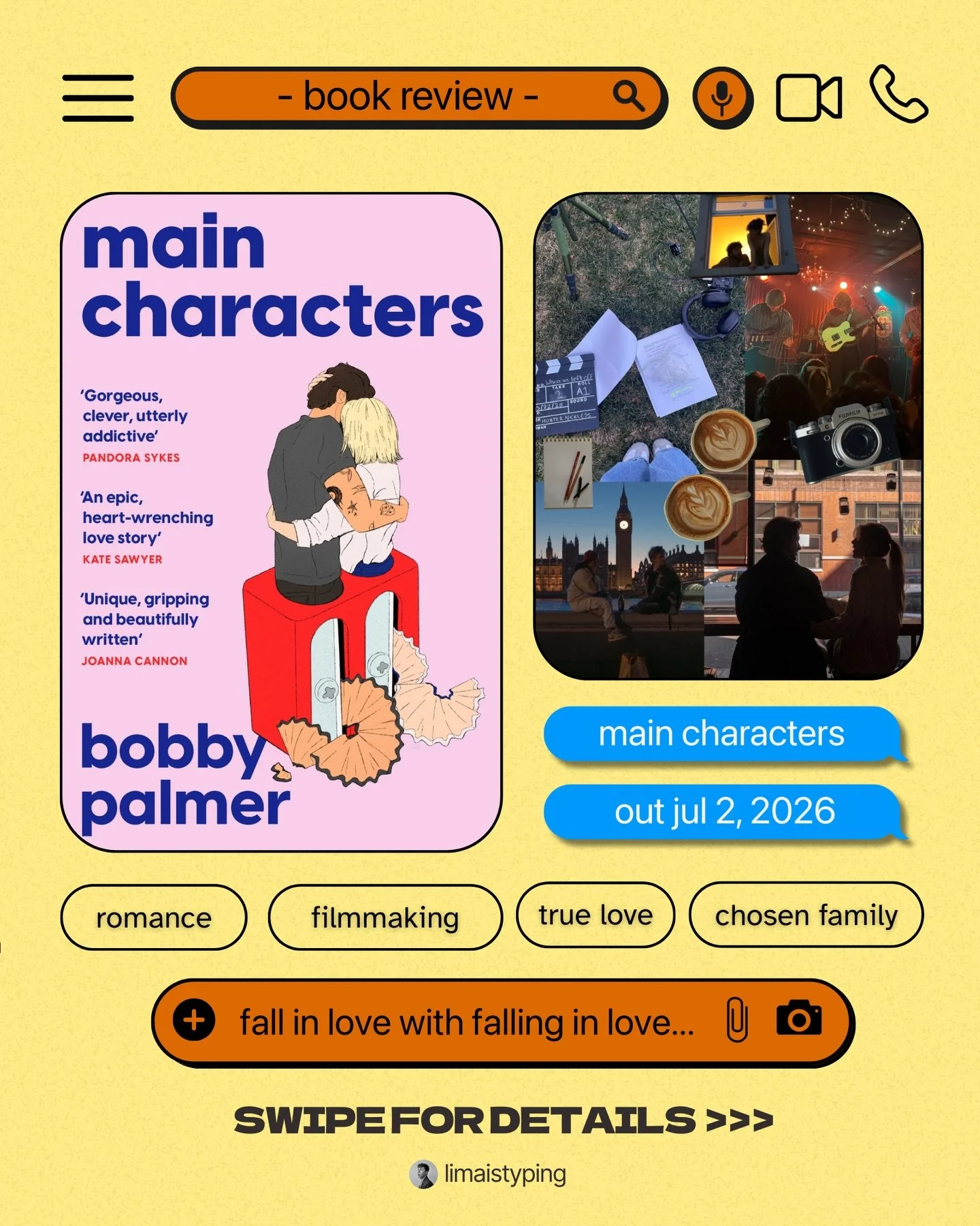 Main Characters by Bobby Palmer
BOOK REVIEW

📸 meet cute 
🎢 complicated relationship 
⚖️ career vs family 
📈 Bildungsroman 
🫂  second chance 

Rating: ☀️☀️☀️☀️☀️

Everyone knows Clara and Seb will fall in love. Their friends and coworkers know it