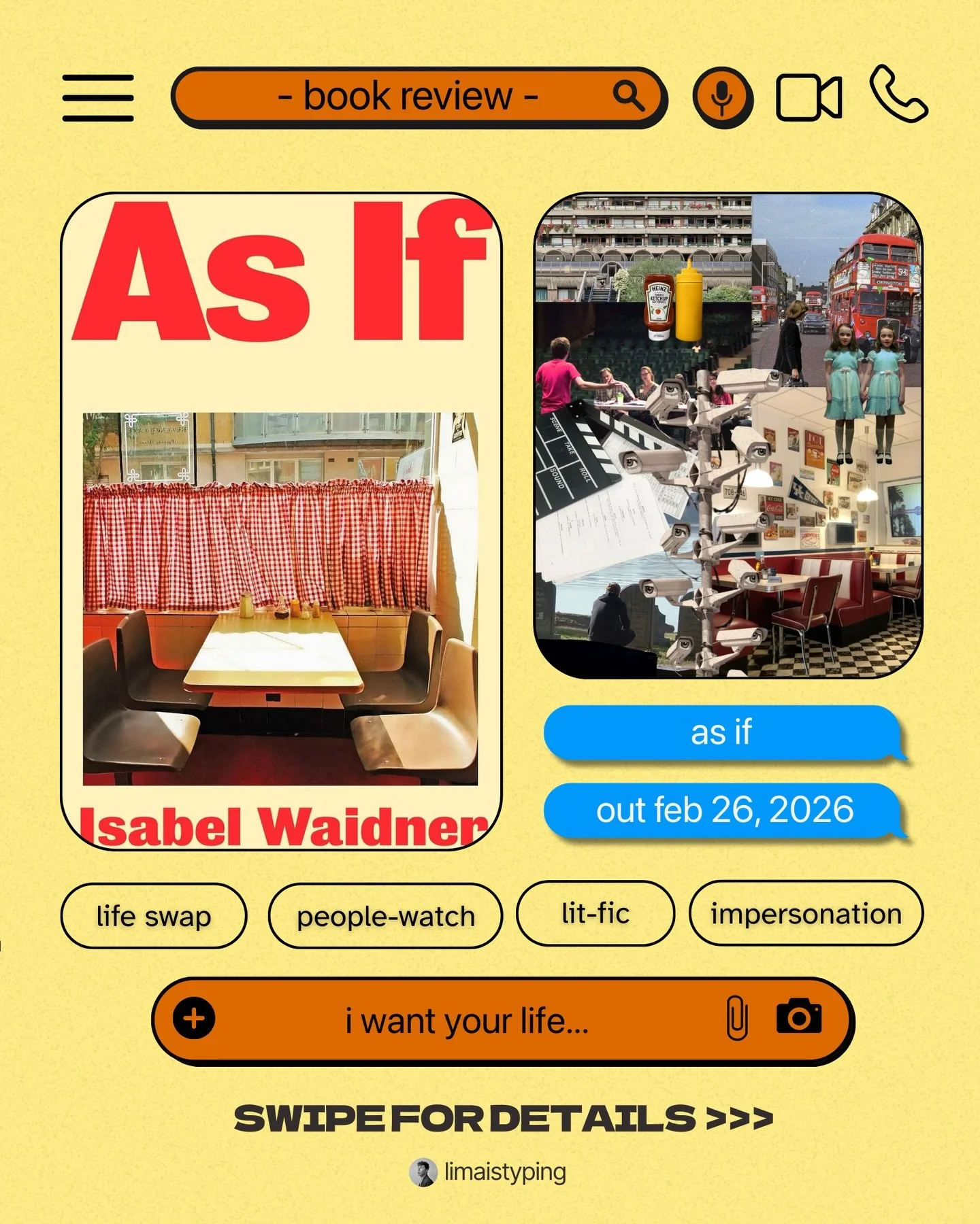 As If by Isabel Waidner
BOOK REVIEW

🔄 life swap 
✌️ second chance 
⁉️ fame vs family 
🎭 performative identity 
💭 reflective narrative

Rating: ☀️☀️☀️☀️

Aubrey Lewis was an actor a few too many decades ago. Now, he&rsquo;s a widower. Lindsay Kori