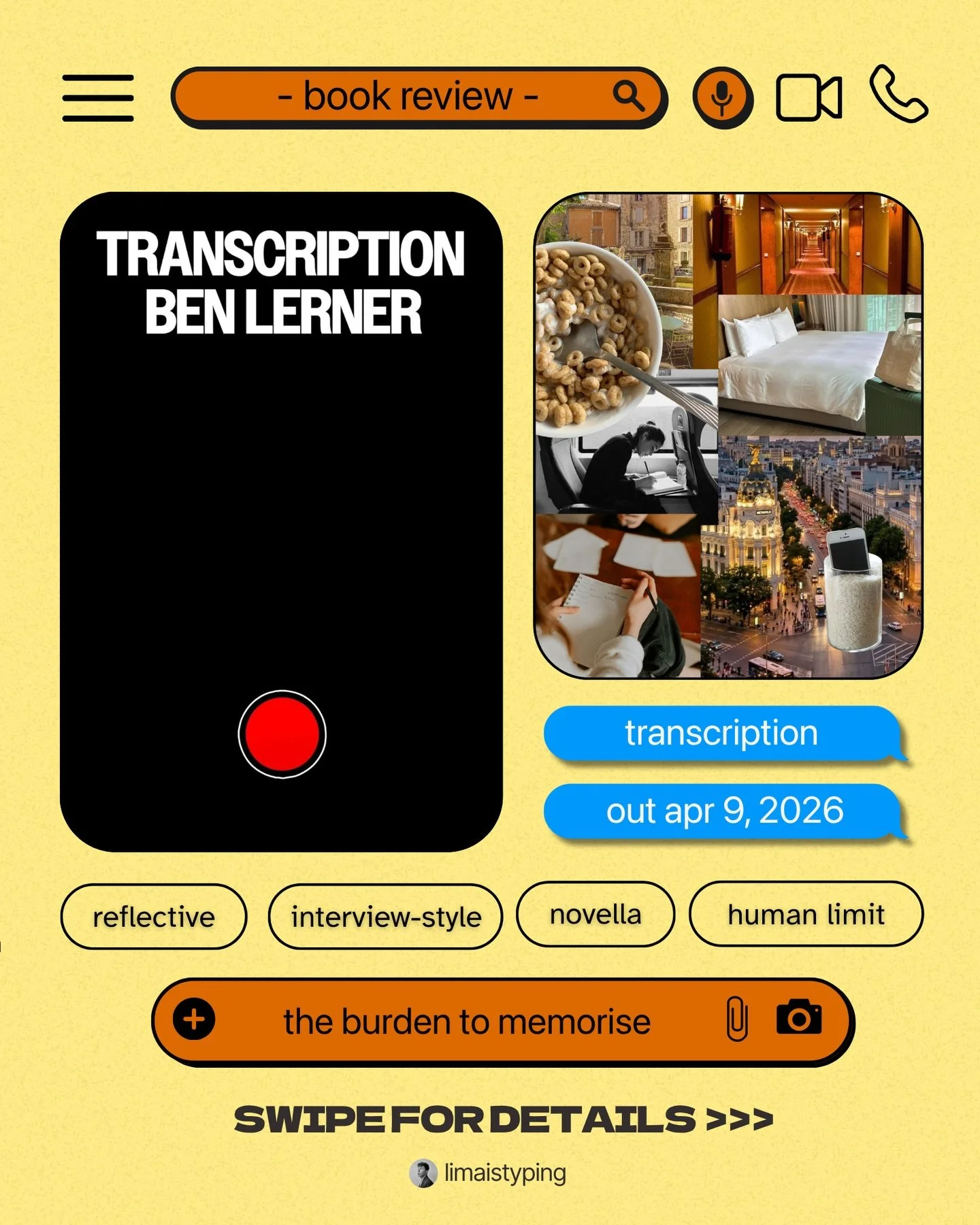 Transcription by Ben Lerner
BOOK REVIEW

🐾 stream of consciousness 
🧠 memory 
⏮️ reflective prose 
💻 technology and the mundane 
🥧 nostalgia

Rating: ☀️☀️

The narrator of Transcription travels to conduct one final interview with a 90-year-old wr