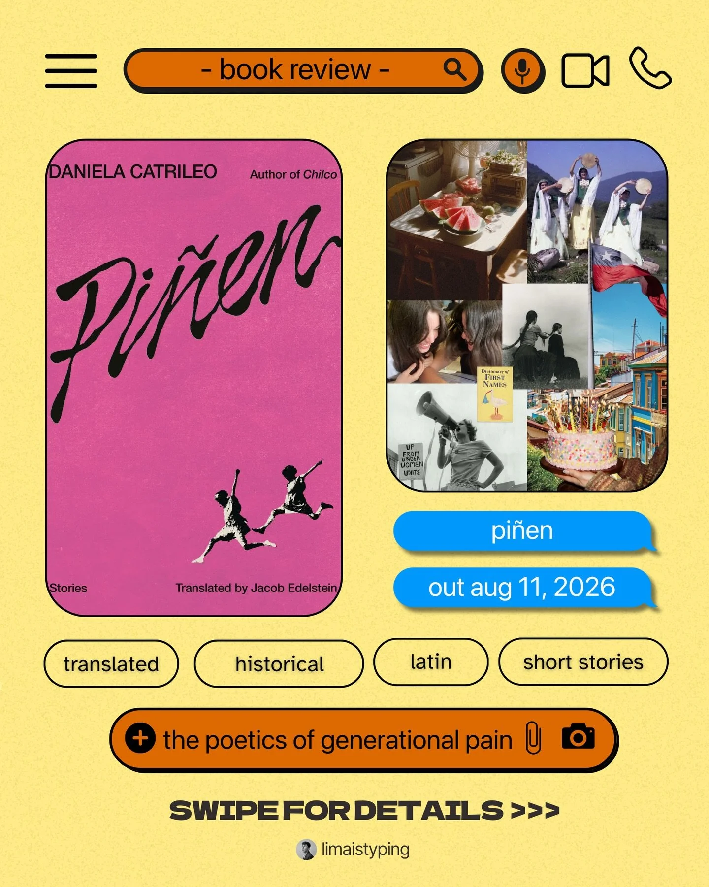 Pi&ntilde;en by Daniela Catrileo
BOOK REVIEW

Rating: ☀️☀️☀️☀️

🐑 short stories 
🪙 indigenous history 
🤲 gender study 
🤎 race 
🫆 unpunished crimes

Pi&ntilde;en is a collection of four stories centred on women living in Chile, many of whom are f
