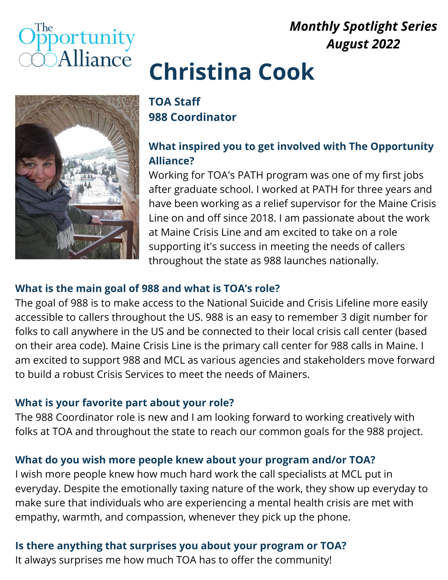 August Spotlight - Christina Cook, TOA 988 Coordinator