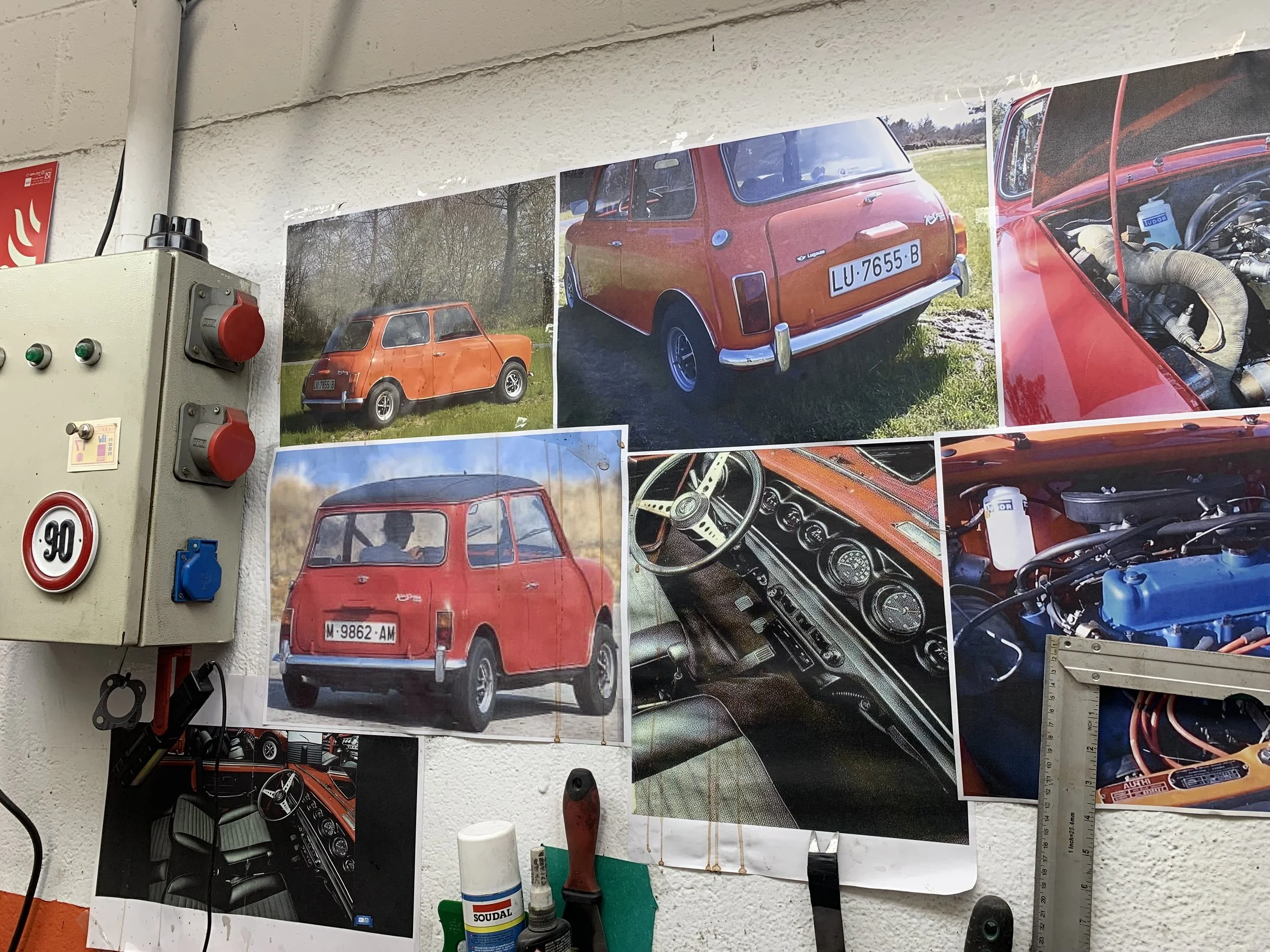 Collage of vintage red cars, including two images of a small red car, one with a roof rack and another with a black roof, and interior photos showing the dashboard and engine.