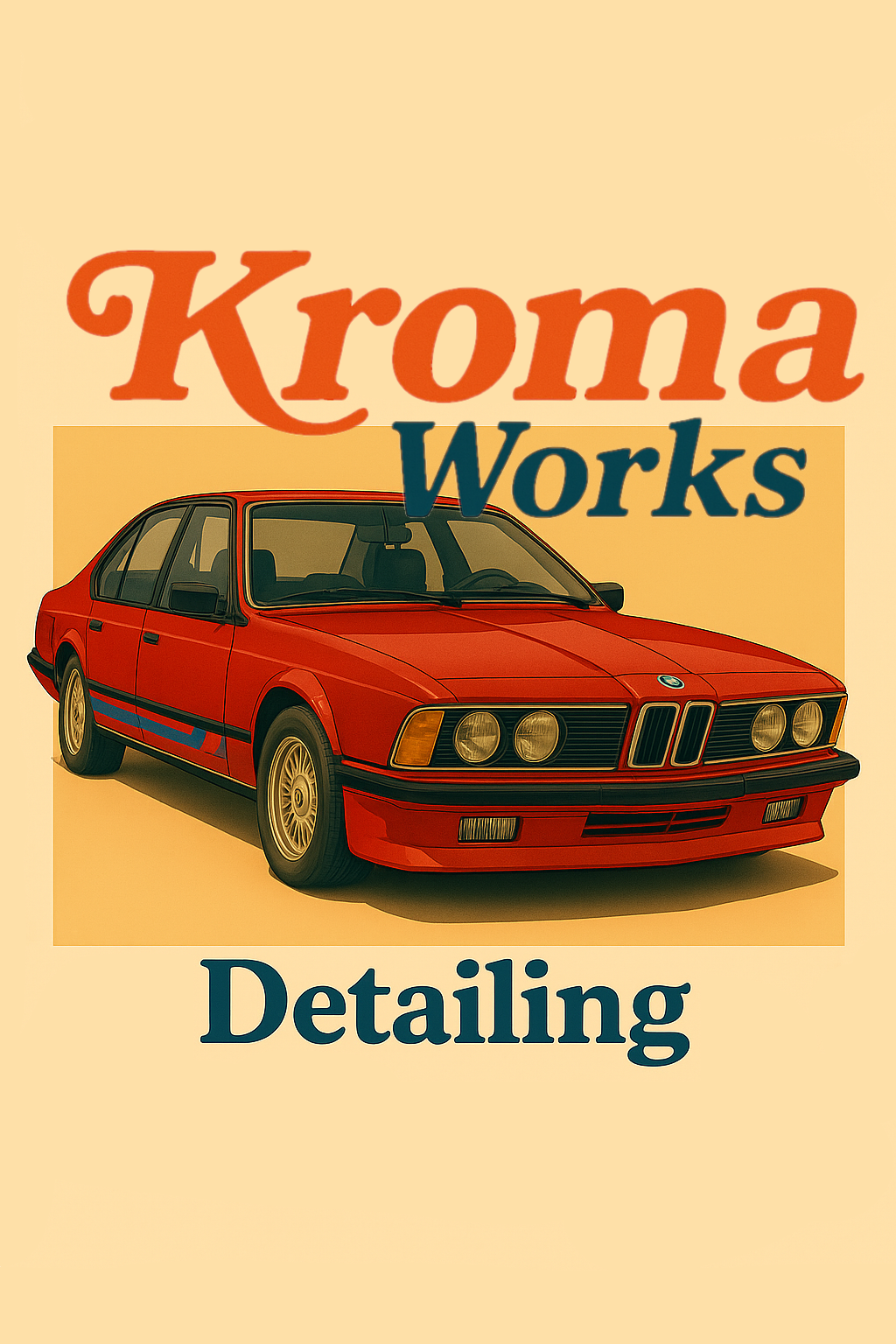 A red vintage BMW car with black and blue racing stripes, set against a beige background with the text 'Kroma Works Detailing' in orange, teal, and navy blue.
