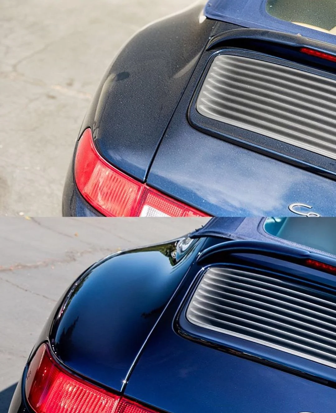 Comparación del Ford Porsche antes y después de lavar, mostrando el cambio en brillo y limpieza.
