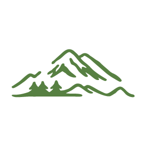 Hand-drawn green mountainscape with pine trees, representing outdoor activities and seasonal highlights in Aspen.