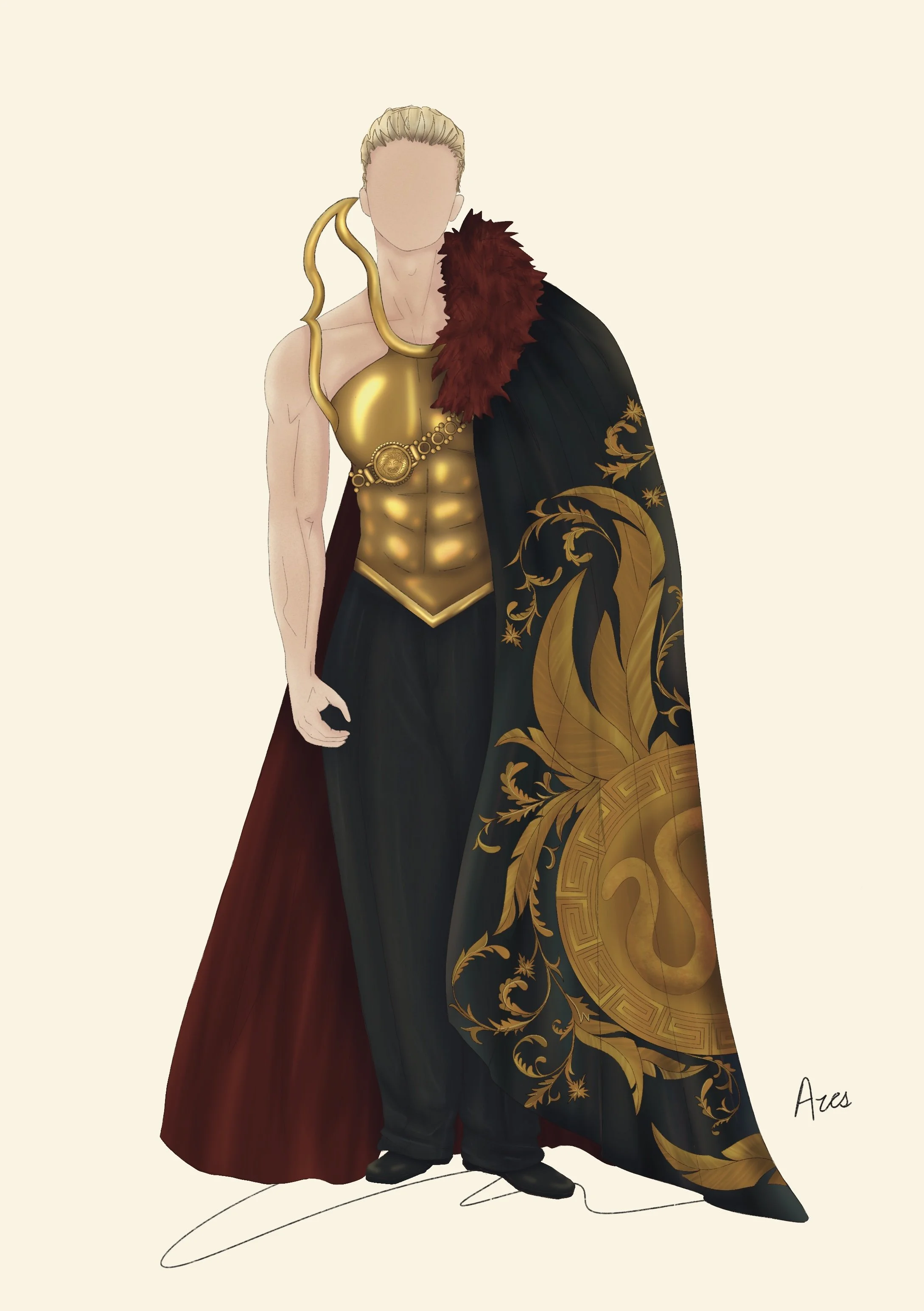 Design for Ares (2025) This project was to design the Greek gods in the context of a modern costume ball similar to the Met Gala. This costume also pulls inspiration from the sacred birds associated with each Greek god. Ares sacred bird is the vultur