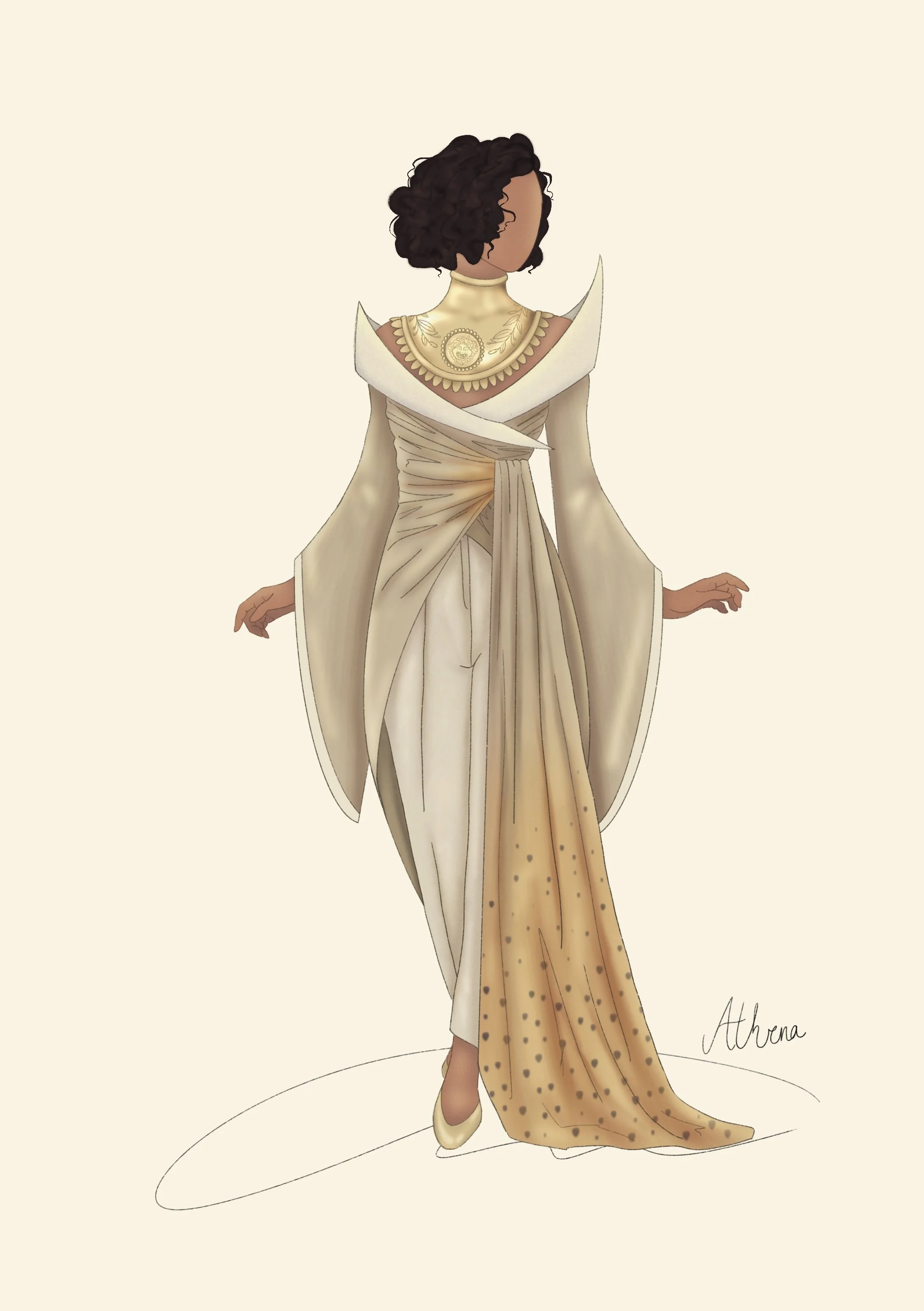 Design for Athena (2025) This project was to design the Greek gods in the context of a modern costume ball similar to the Met Gala. This costume also pulls inspiration from the sacred birds associated with each Greek god. Athena's sacred bird is the