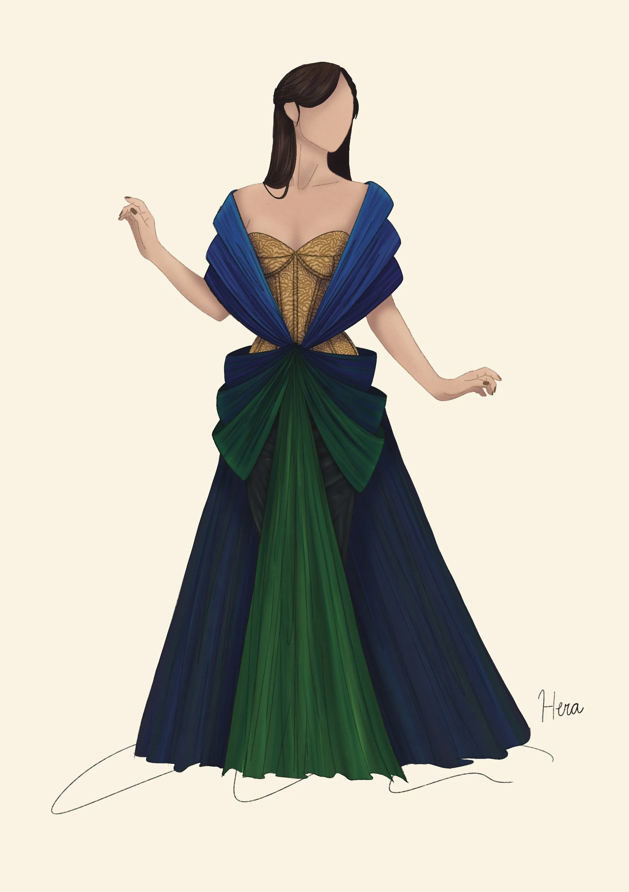 Design for Hera (2025) This project was to design the Greek gods in the context of a modern costume ball similar to the Met Gala. This costume also pulls inspiration from the sacred birds associated with each Greek god. Hera's sacred bird is the Peac