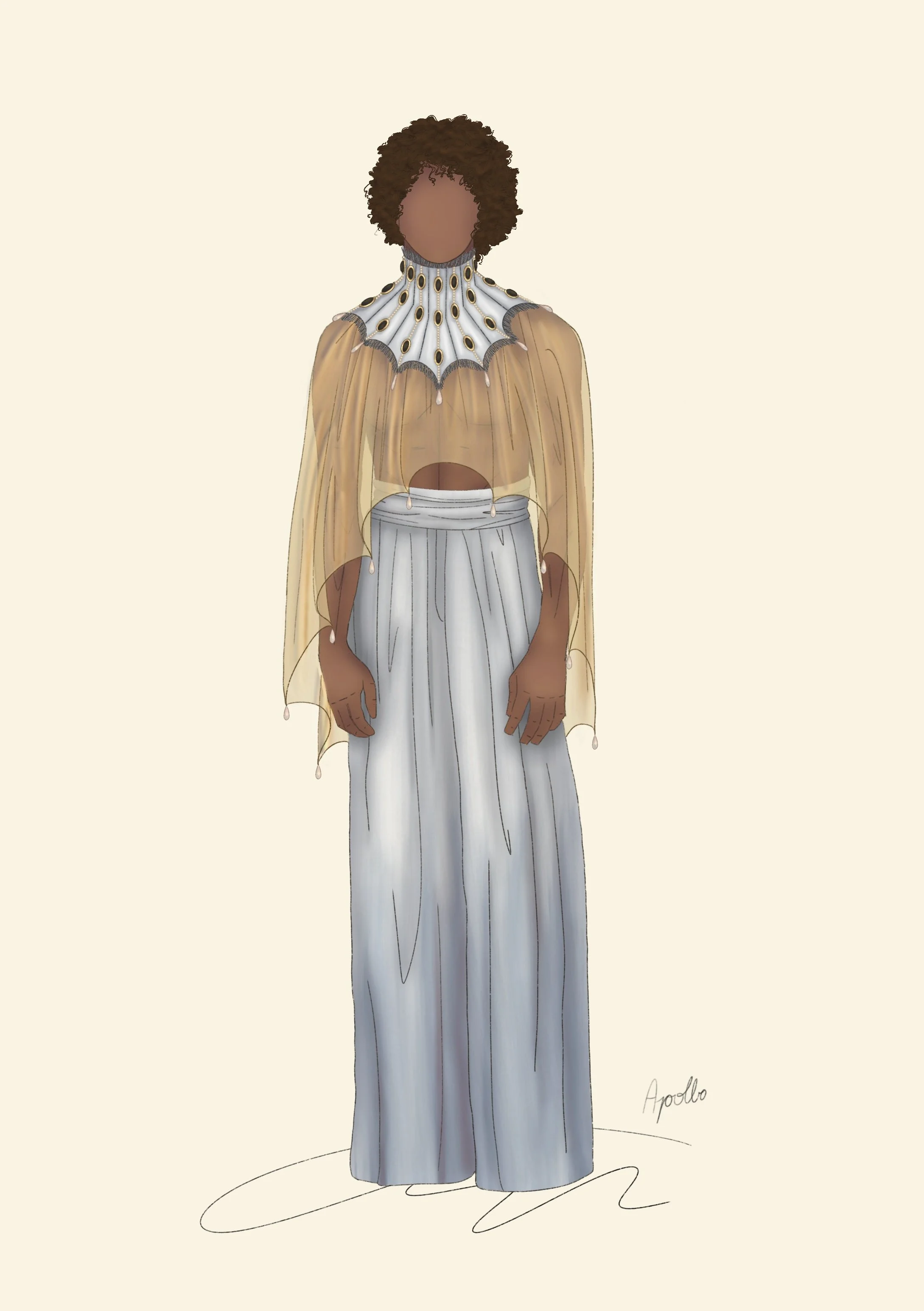 Design for Apollo (2025) This project was to design the Greek gods in the context of a modern costume ball similar to the Met Gala. This costume also pulls inspiration from the sacred birds associated with each Greek god. Apollos sacred bird is the s
