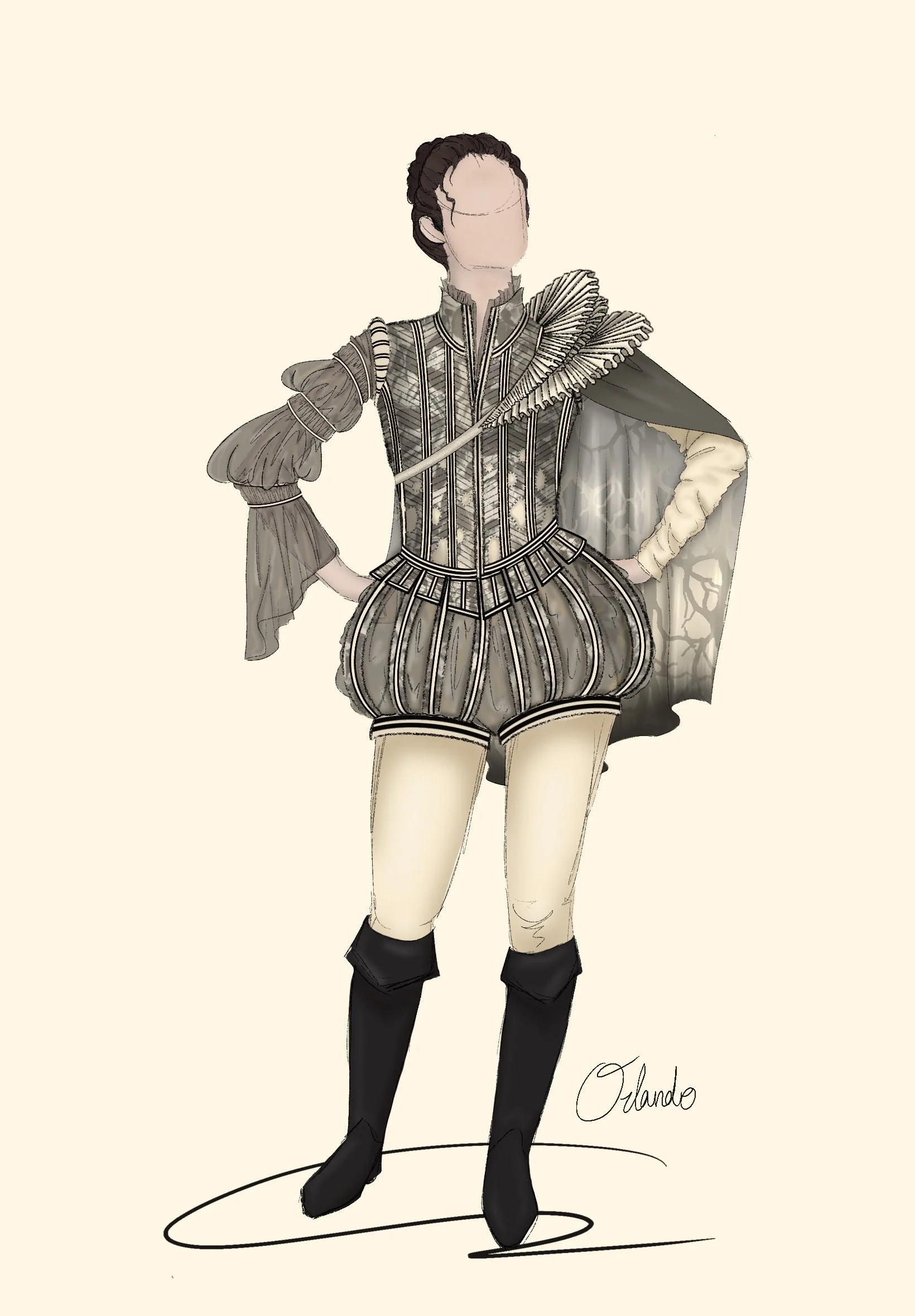 Orlando (2024) This costume design is for the Character Orlando from the Virginia Woolf Novel of the same name. This design is for Orlando at the beginning of the novel which takes place during the reign of Queen Elizabeth I. Orlando lives for around