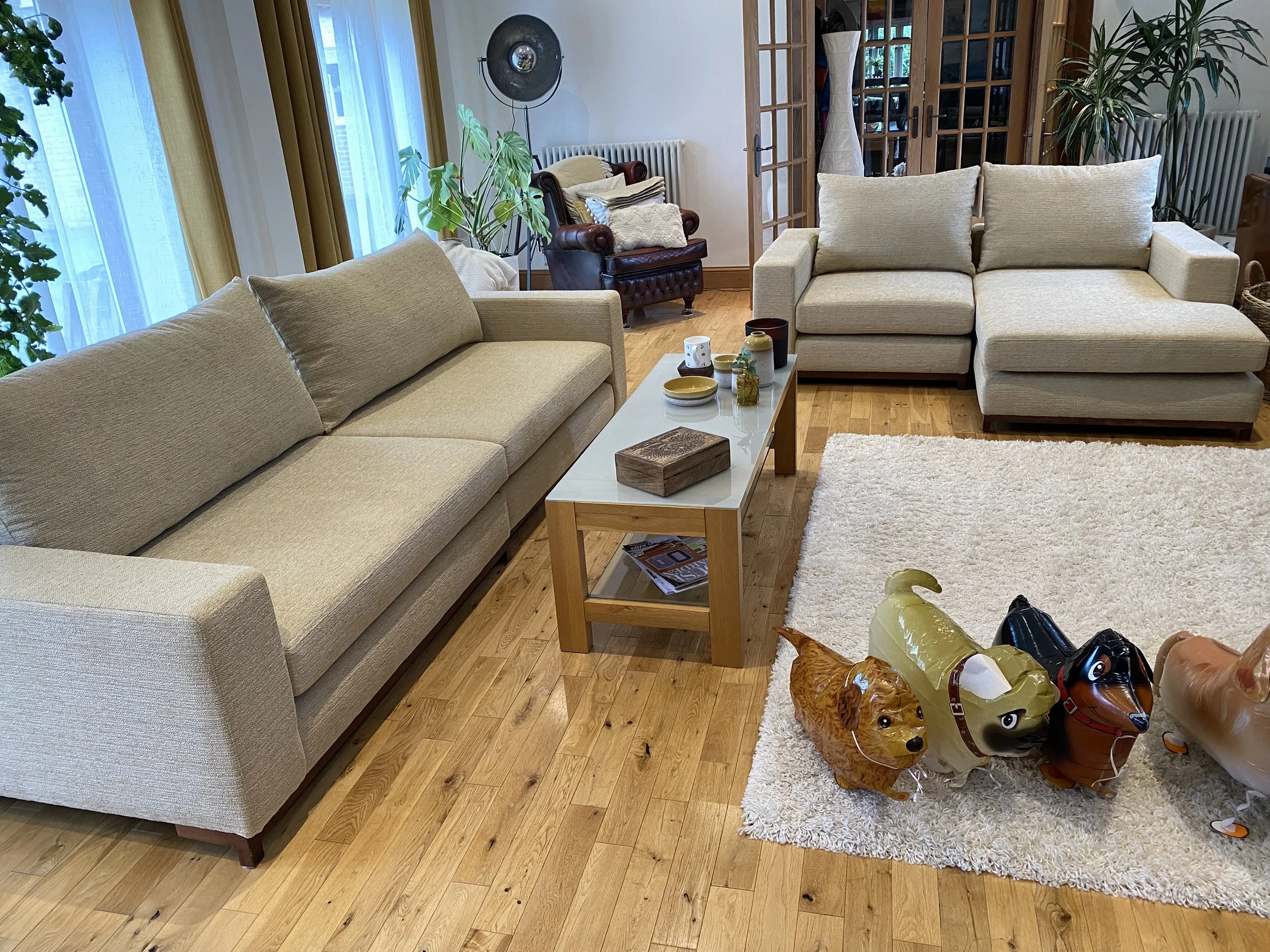 Living room with beige sofas, a white rug, a coffee table with decorative items, and balloon animals on the rug.