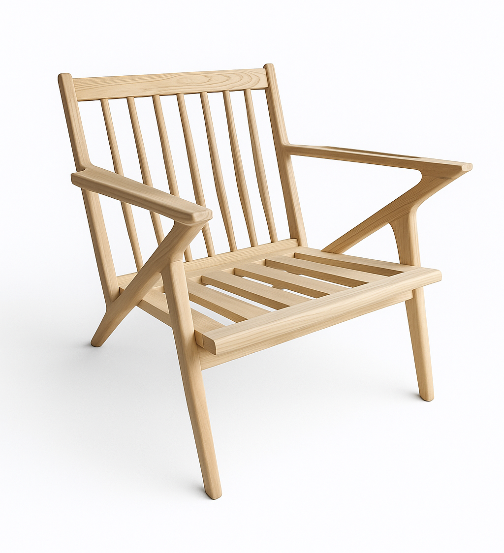 A light wood Scandinavian inspired armchair frame on a white background