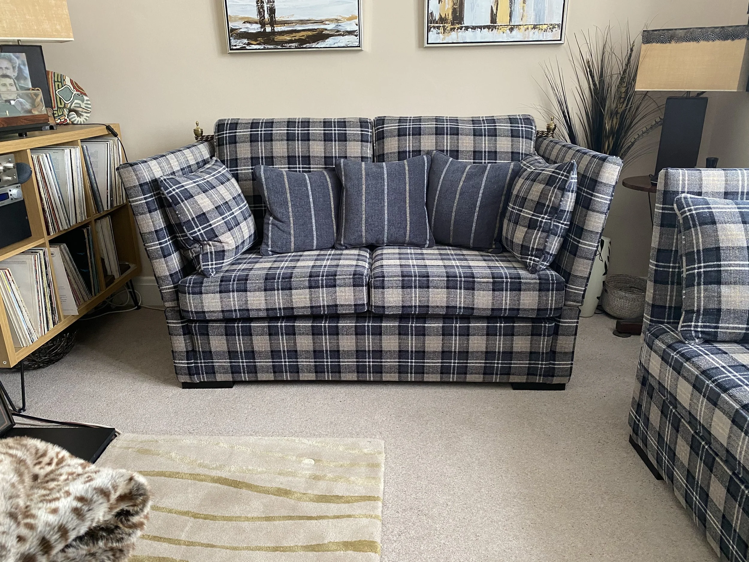 Living room with plaid sofa and matching armchair, decorated with blue and beige pillows, a bookshelf with vinyl records, a framed picture on the wall, and a lamp with a beige shade.