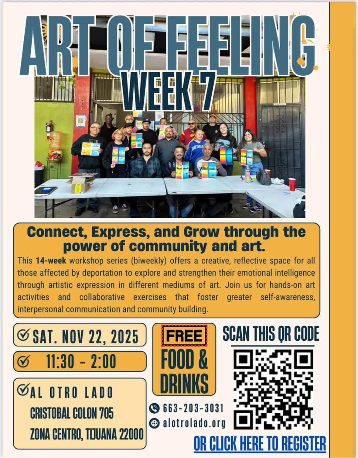 Flyer for art workshop for people deported to Mexico.