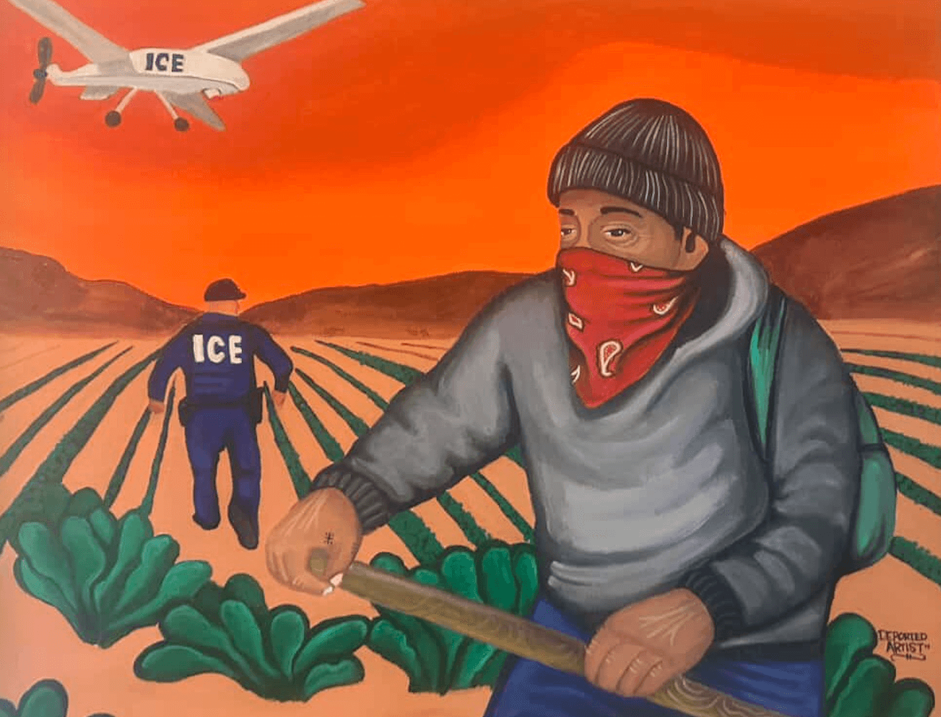 Acrylic painting on canvas of immigrant labor and ICE official.