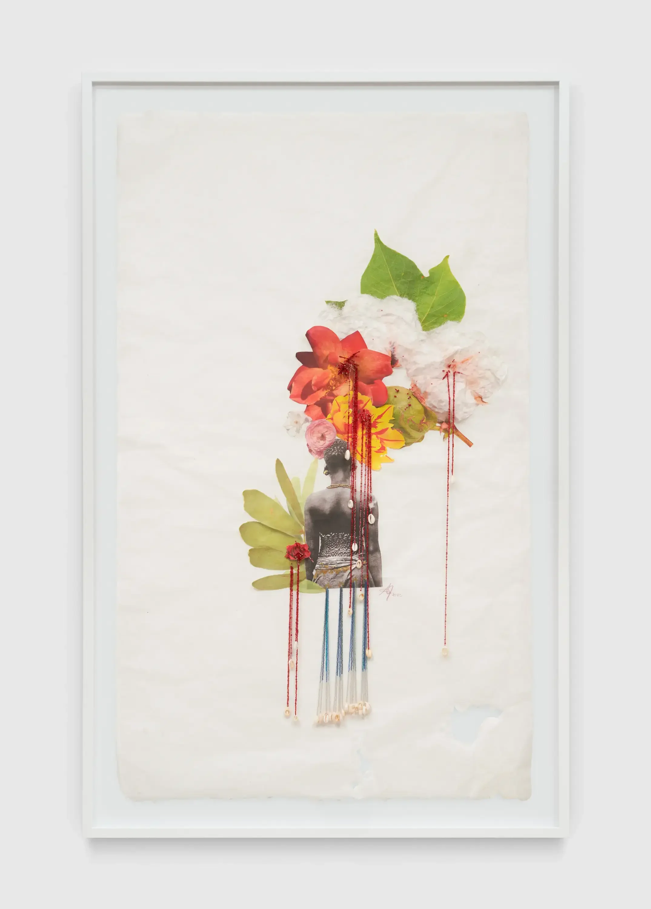 Andrea Chung (American, born 1978), The Load Is Heavy, And My Back is Tired, IV , 2023. Collage, gold ink, pins, and beads on paper handmade from traditional birthing cloth, 50 x 30 x 2 in.