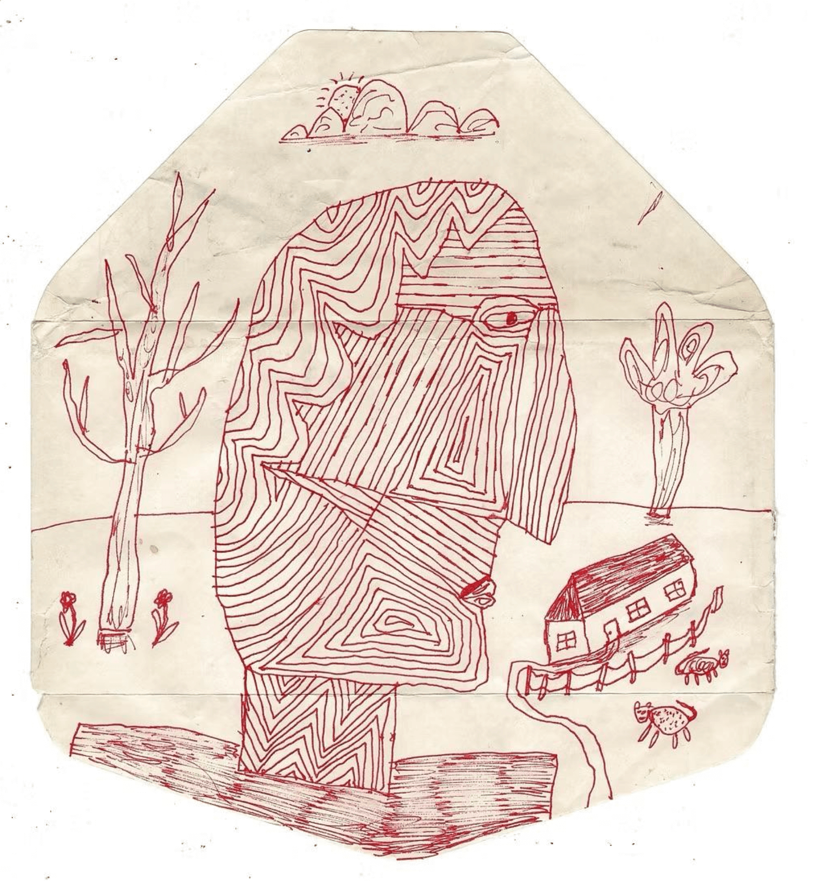 John McKie, A Man In The Countryside, pen on vintage found envelope, 9.75 x 8.7 inches.