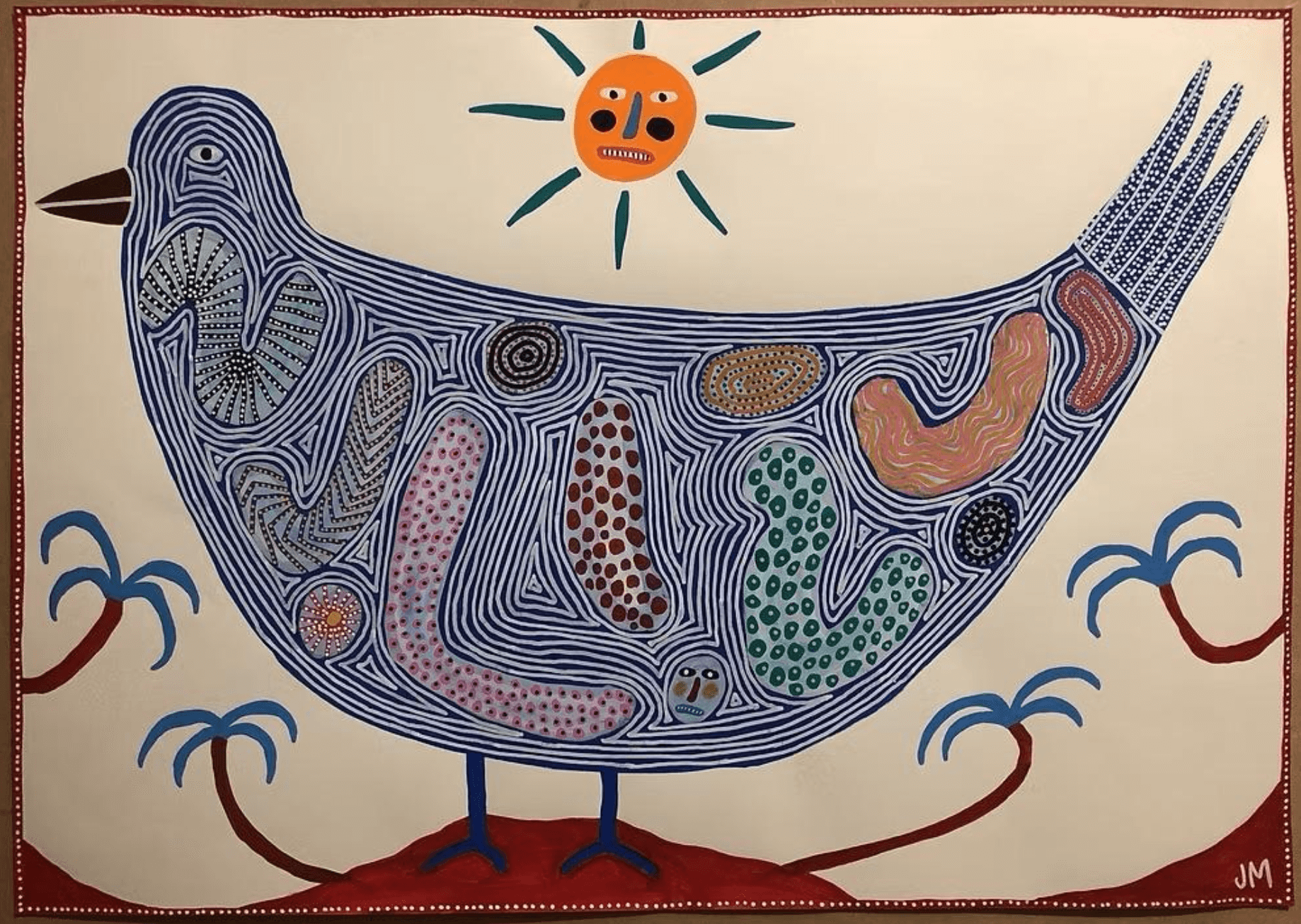 John McKie, Bird With Exotic Plumage, gouache and paint pen on paper, 23.5 x 16.5 inches.