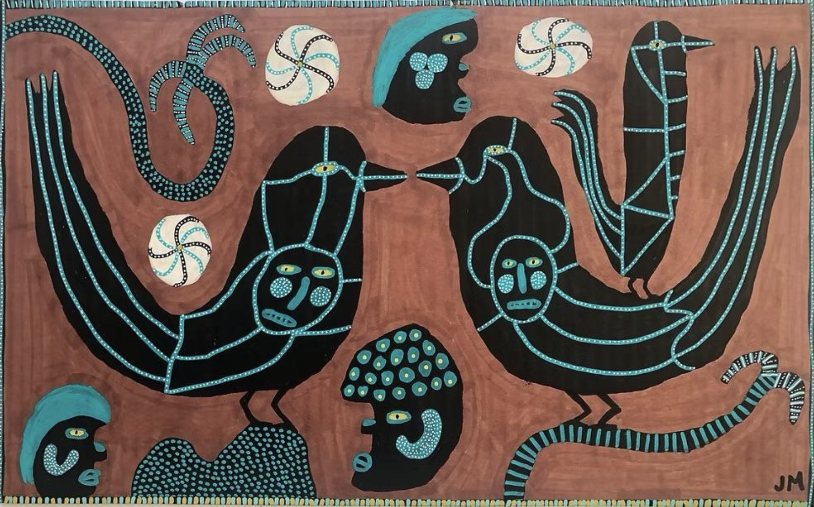 John McKie, Scene With People And Birds, gouache and paint pen on cardboard, 18 x 11.25 inches.