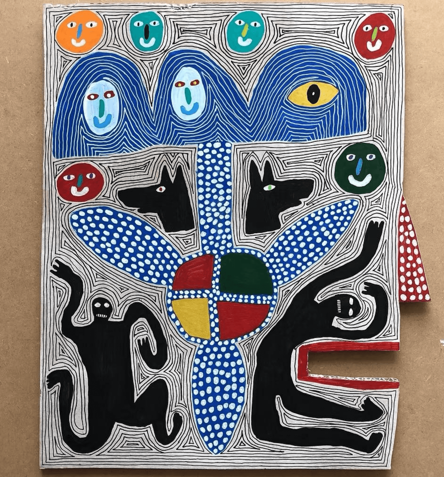 John McKie, Man And Black Dogs, gouache and paint pen on cardboard, 15 x 12 inches.