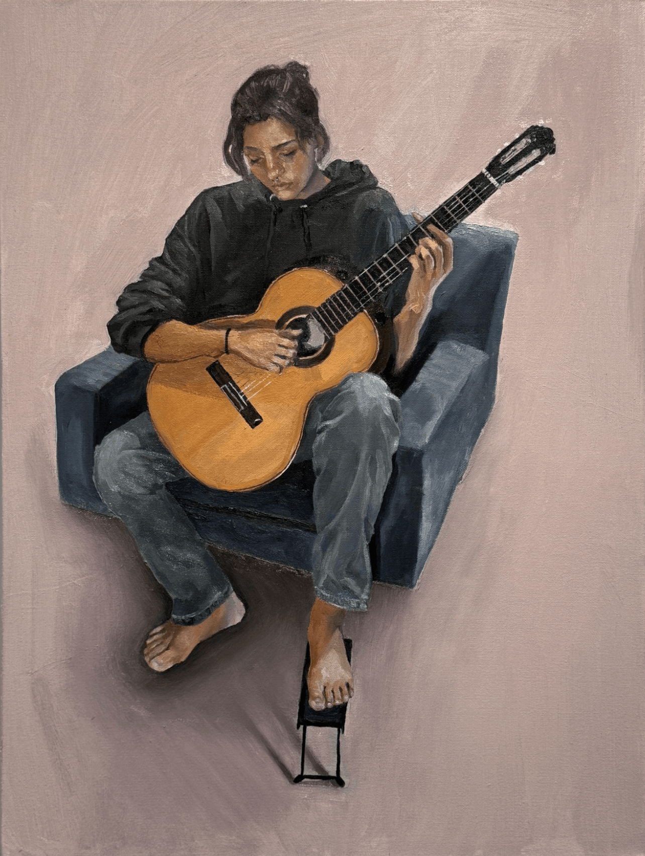 Cece Escobar, charcoal on paper, 14 x 11 inches, 2025; Cece Escobar, “Guitar,” oil on canvas, 24 x 18 inches, 2025.