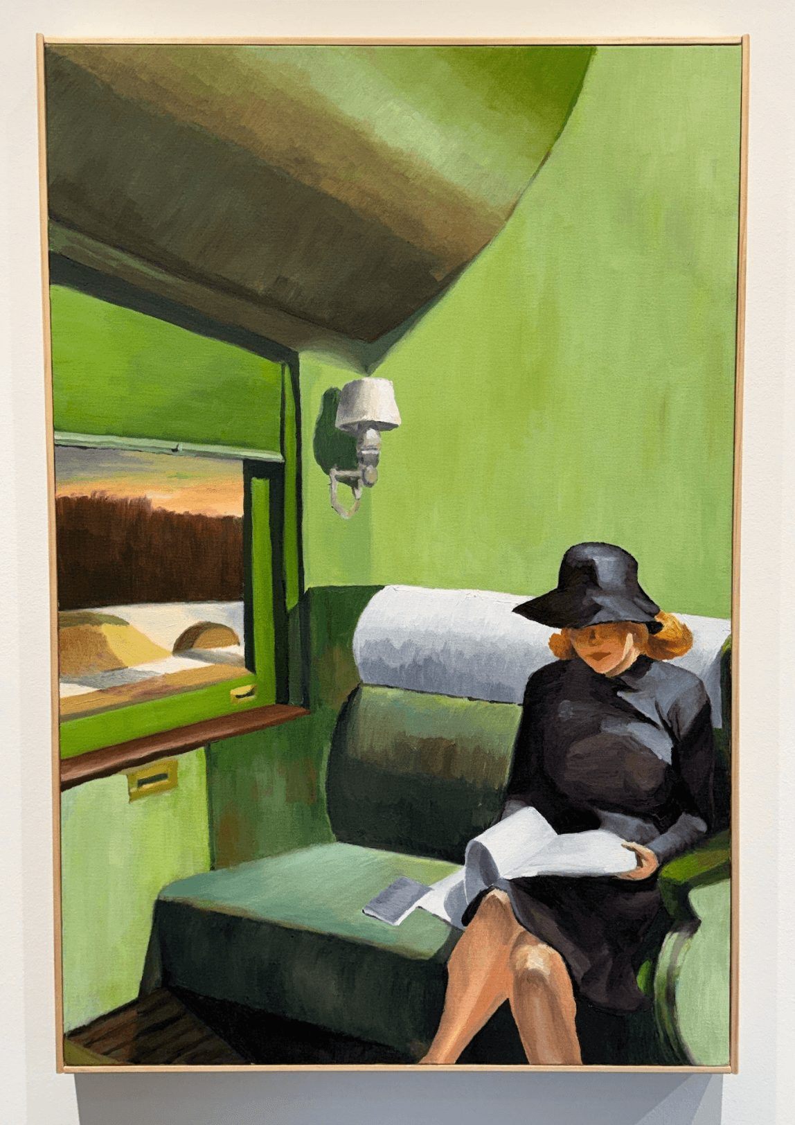 Katharine Wolf, “Compartment C, Car 293 (after Edward Hopper, 1938),” oil on canvas, 36 x 24 inches, 2025;