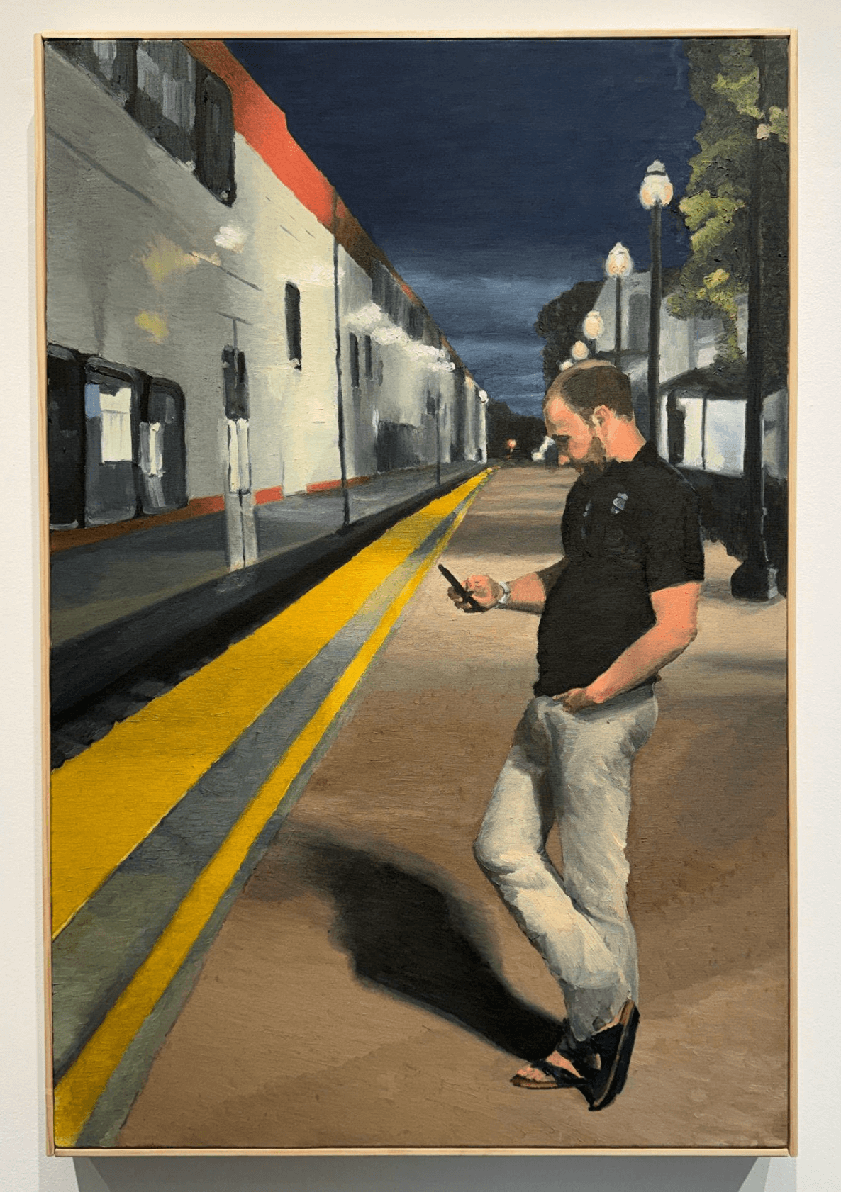 Katharine Wolf, “Caltrain 155,” oil on canvas, 36 x 24 inches, 2025.