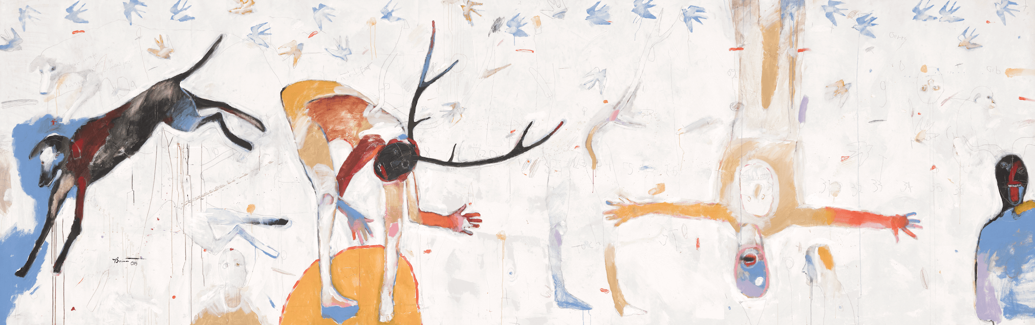 Rick Bartow (Wiyot, 1946–2016) "The Magical Mind in Rural America," 2015 Acrylic and graphite on unstretched canvas, 73 1/2 x 219 1/2 in. Artwork © Rick Bartow Trust Photograph by Randy Dodson