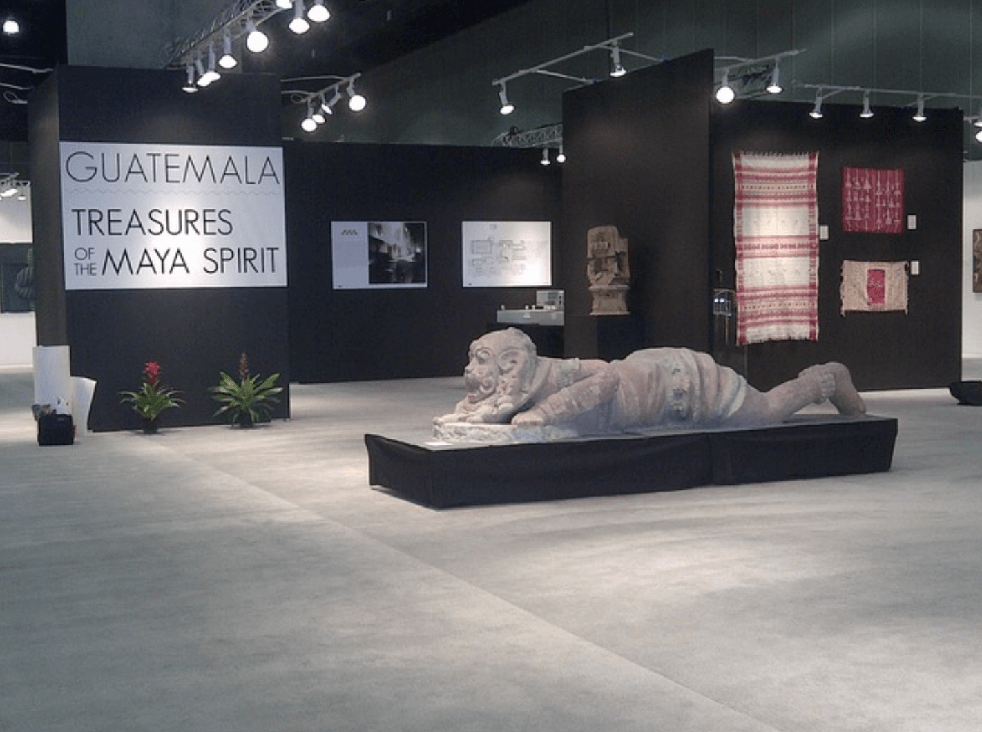   An eight-foot-long stucco Maya sculpture of a warrior with a jaguar mask ("Crouching Jaguar") which was part of the "Treasures of the Maya Spirit" exhibit at the Los Angeles Art Show in 2014.&nbsp;  