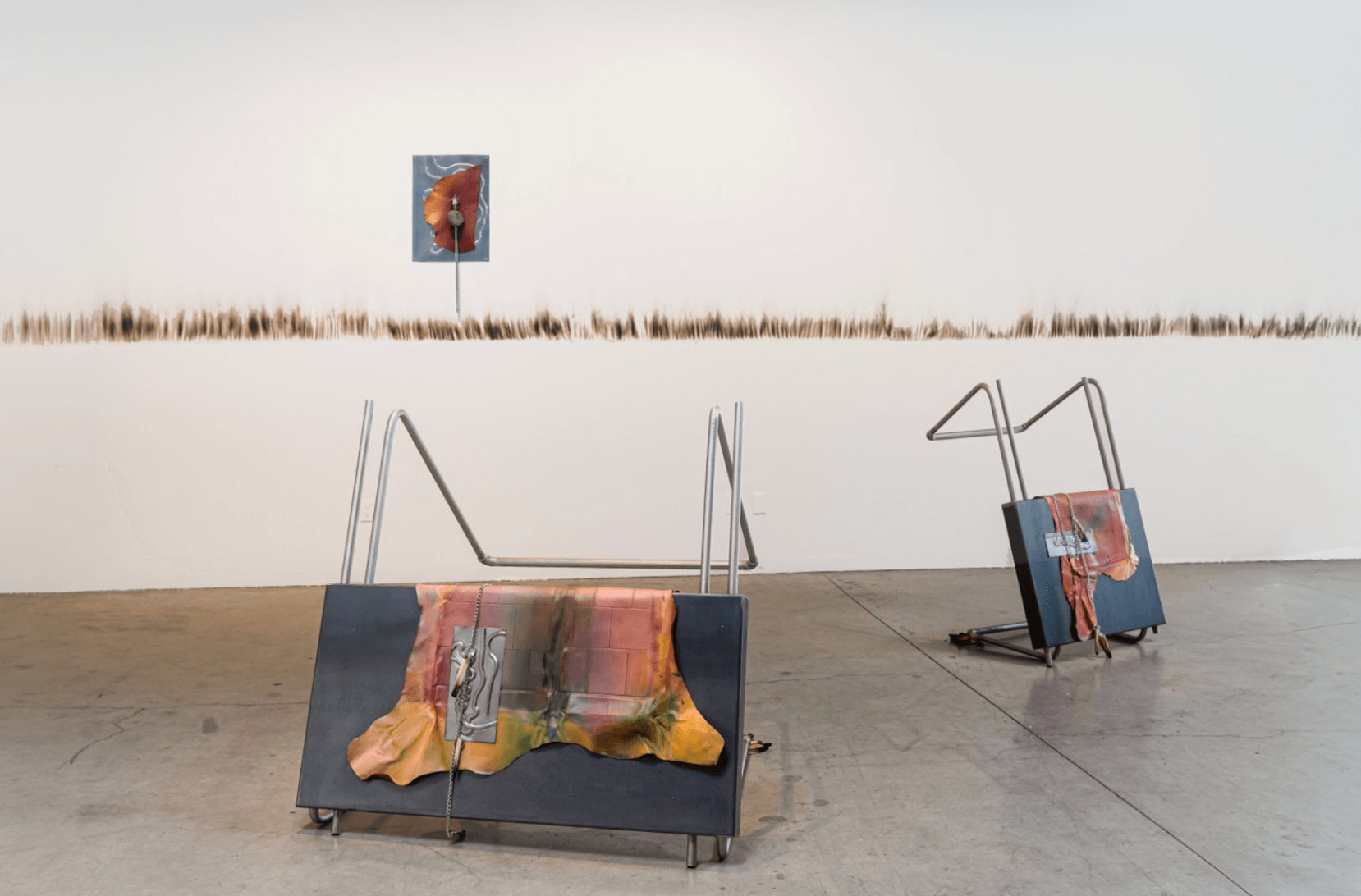 Xandra Ibarra The Surface of Things, 2025 Metal(s), Leather, and Palo Santo 46 x 32 x 27 and 46 x 48 x 42” Photograph by Minoosh Zomorodinia