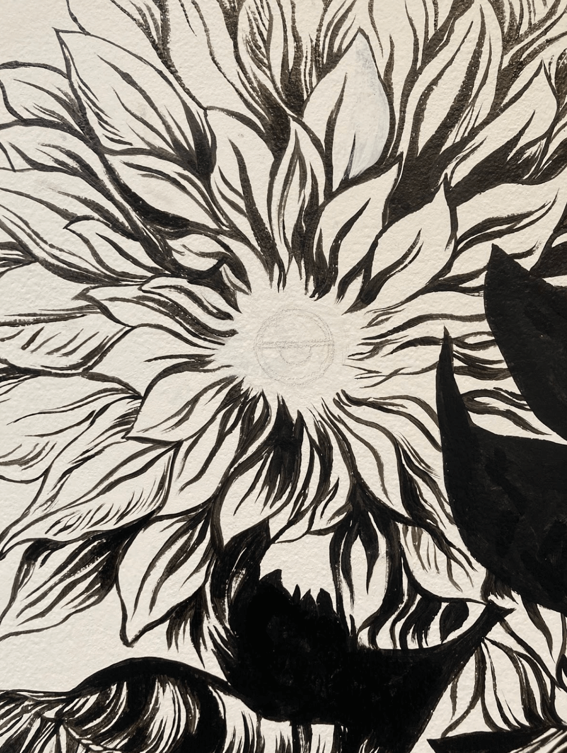 Osvaldo Ramirez Castillo Nahual , 2025, site-specific mural, black acrylic paint, 20 x 7.5 feet Detail image taken by the writer