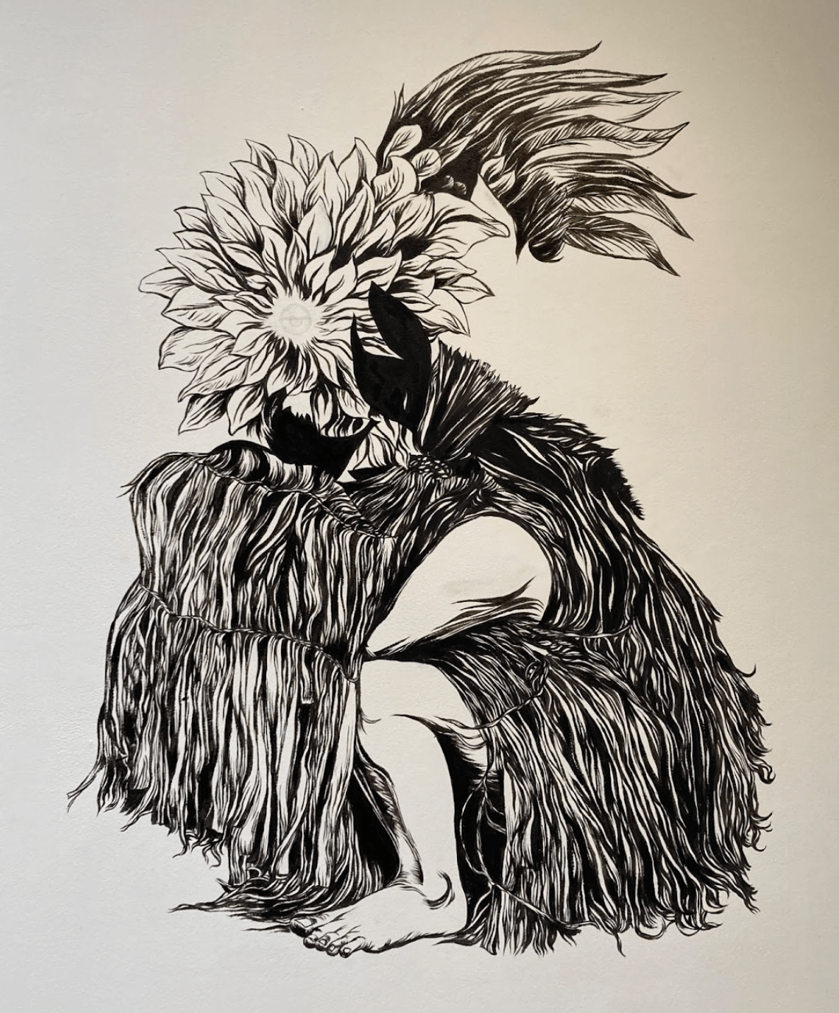 Osvaldo Ramirez Castillo Nahual , 2025, site-specific mural, black acrylic paint, 20 x 7.5 feet Detail image taken by the writer