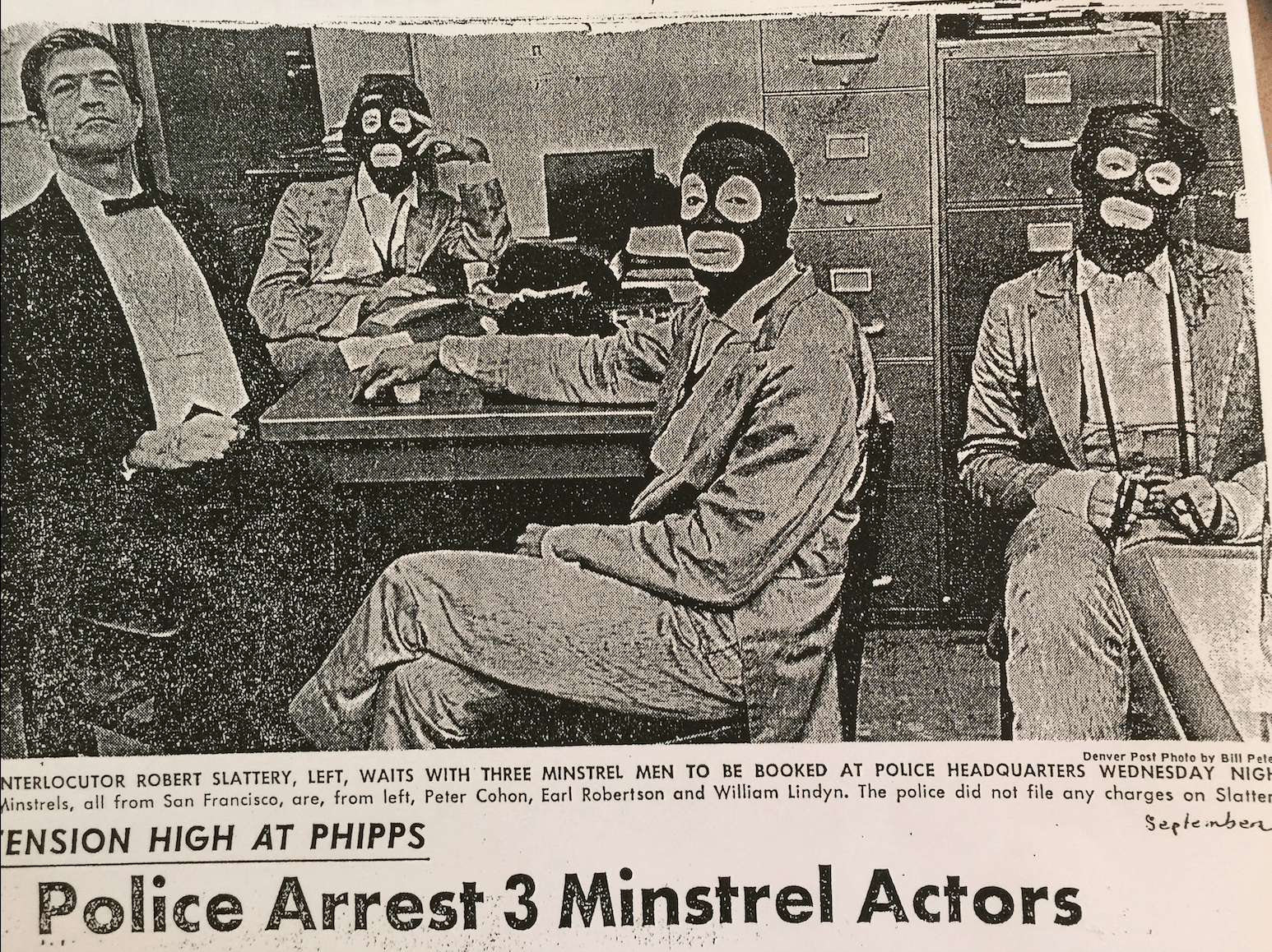 Peter and Bob Slattery (Tux) Robbie Robertson and Bill Lindyn under arrest in Denver