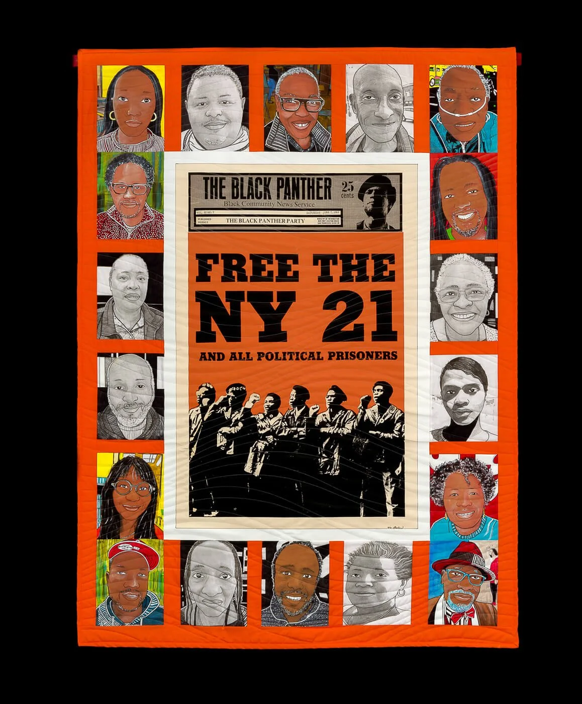 "Free the NY 21"; Paint, ink and thread on fabric, 60 in x 72 in x.5in. Collaboration by William Rhodes and Minister of Culture for the Black Panther Party, Emory Douglas.