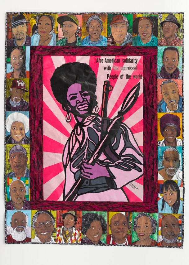 "Black Solidarity Quilt"; Paint, pencil, pen and fabric; 60in x 72in. Collaboration by William Rhodes and Minister of Culture for the Black Panther Party, Emory Douglas.
