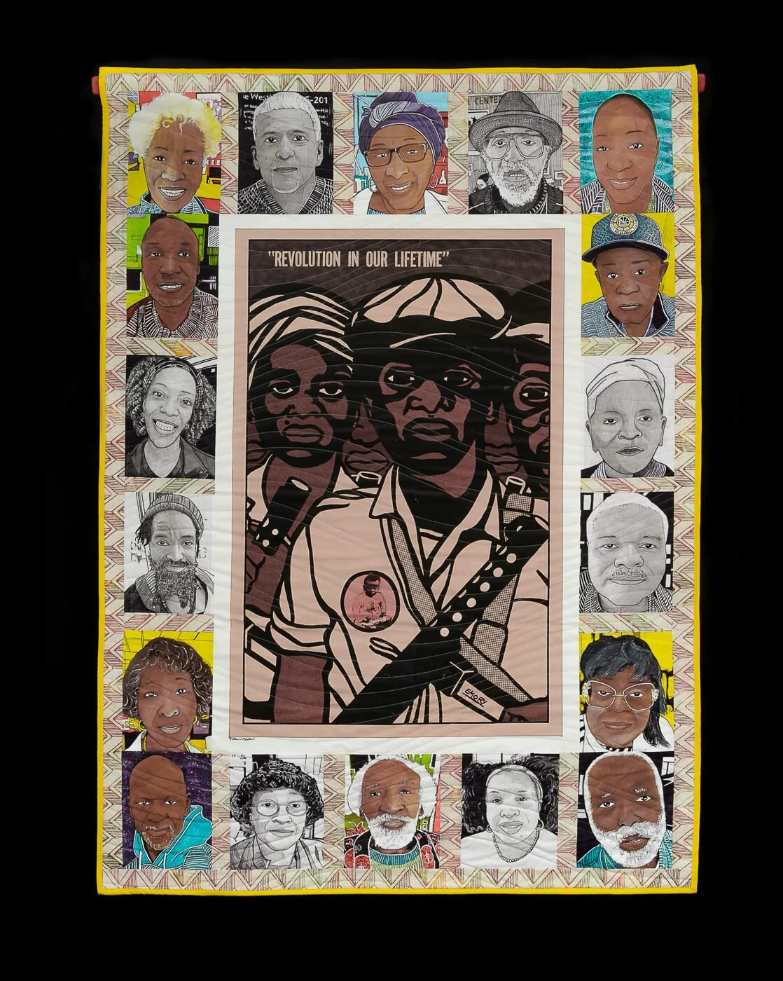 "Revolution in Our LifeTime" Paint, pencil, pen and fabric; 60in x 72in. Collaboration by William Rhodes and Minister of Culture for the Black Panther Party, Emory Douglas.