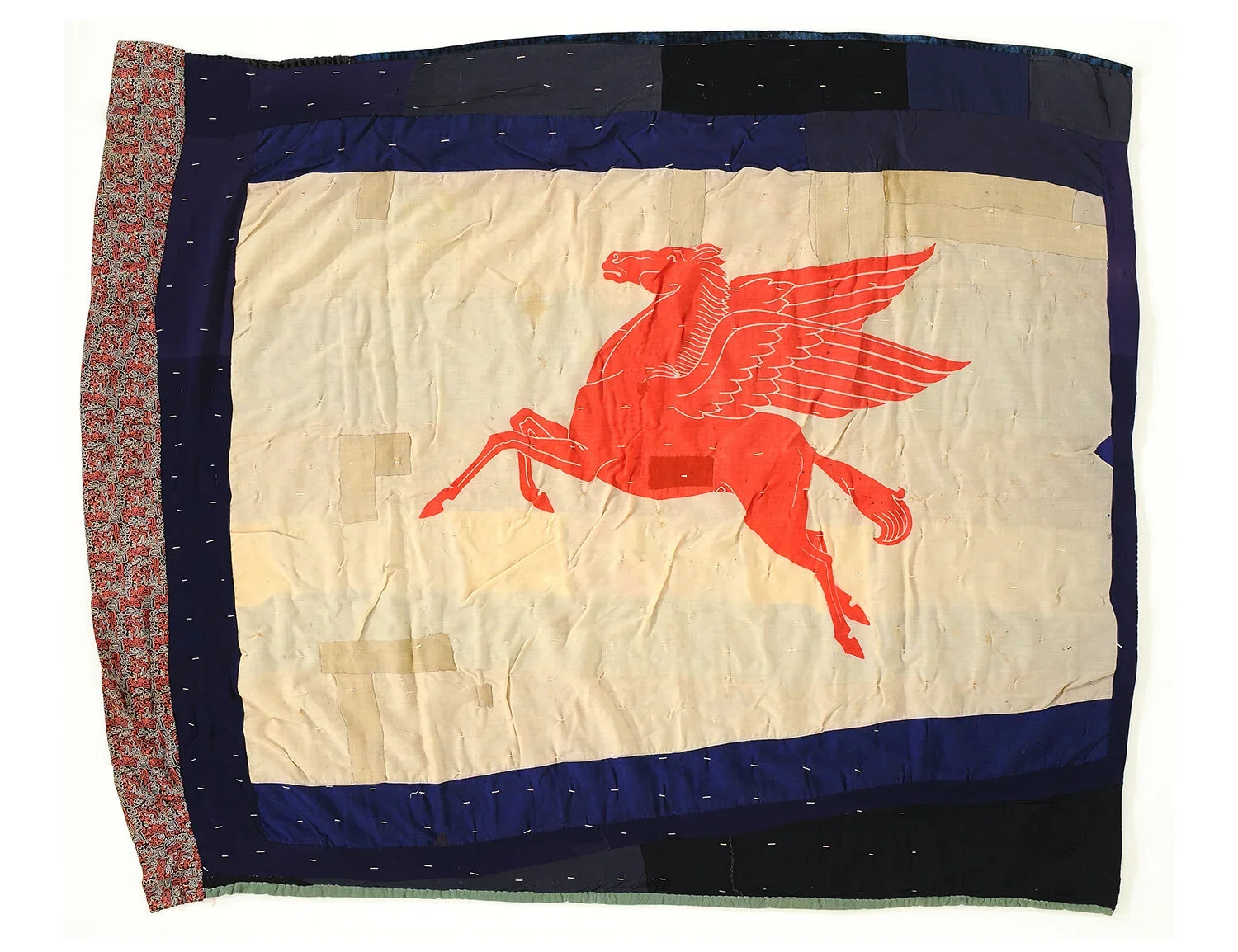 Unique (double sided) - c. 1930 - 1950, found in Missouri, rayon, wool, corduroy, panne velvet, banner material, tied, 65 × 78 inches