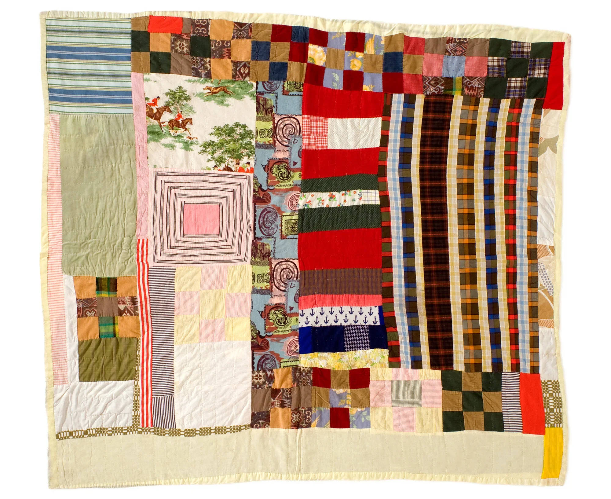 Original Design c. 1960 - 1990, made by Odie Wright, found in Hale County, Alabama, cotton, blends, corduroy, upholstery "fabric, bed sheet, old quilt or blanket used at batting, 70 x 80 inches