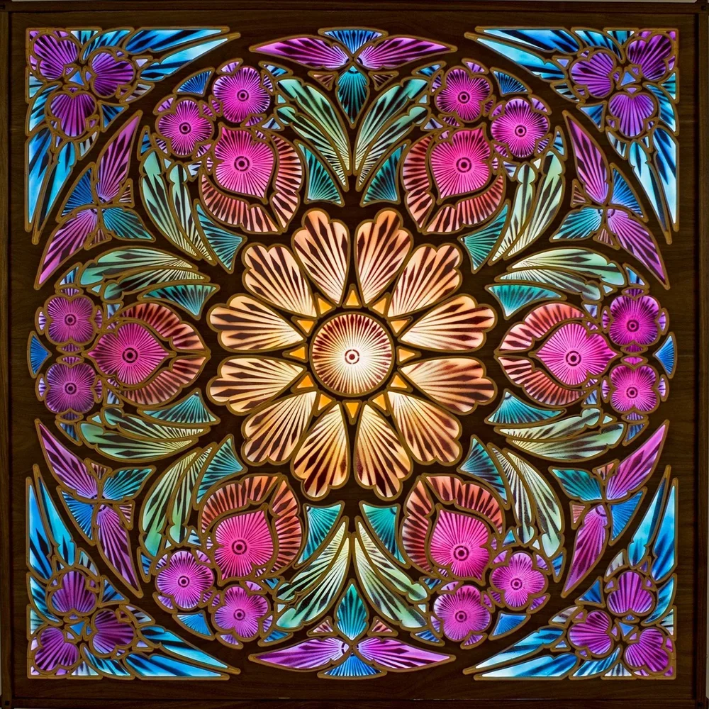 ENTROPIC EDIFICE Wood, glass, acrylic and aerosol in solid walnut light box frame • 49.75 × 49.75 × 5.5