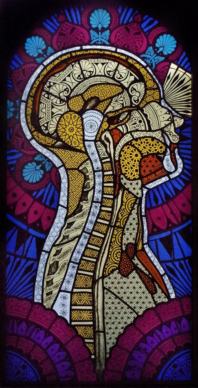 ORNAMENTED MAN (Right) Enamel on Leaded Stained Glass in LED Light Frame • 25 × 48 × 3