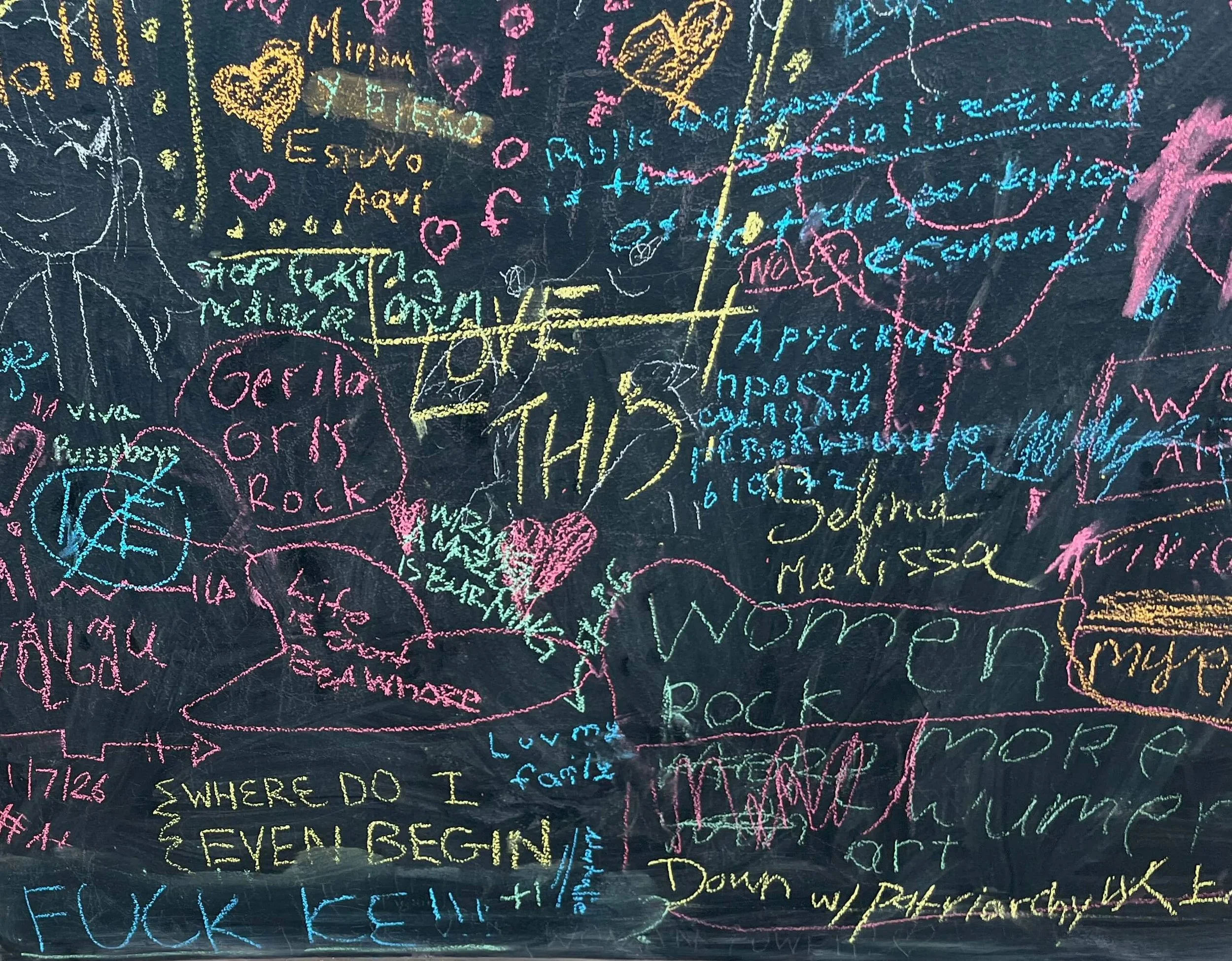 A detail of the wall showing at least three languages and pointed political statements.