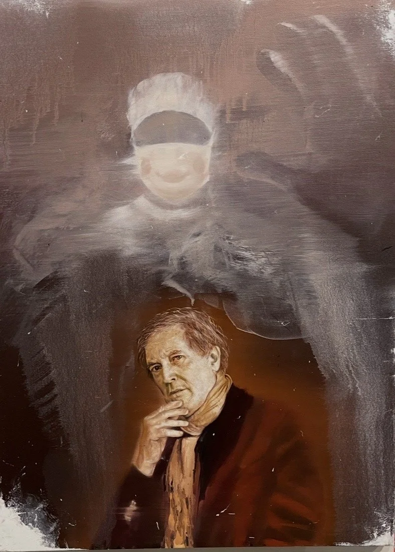 Micheal Brennan (2022) painting with the ghost of my surgeon father hovering over me  