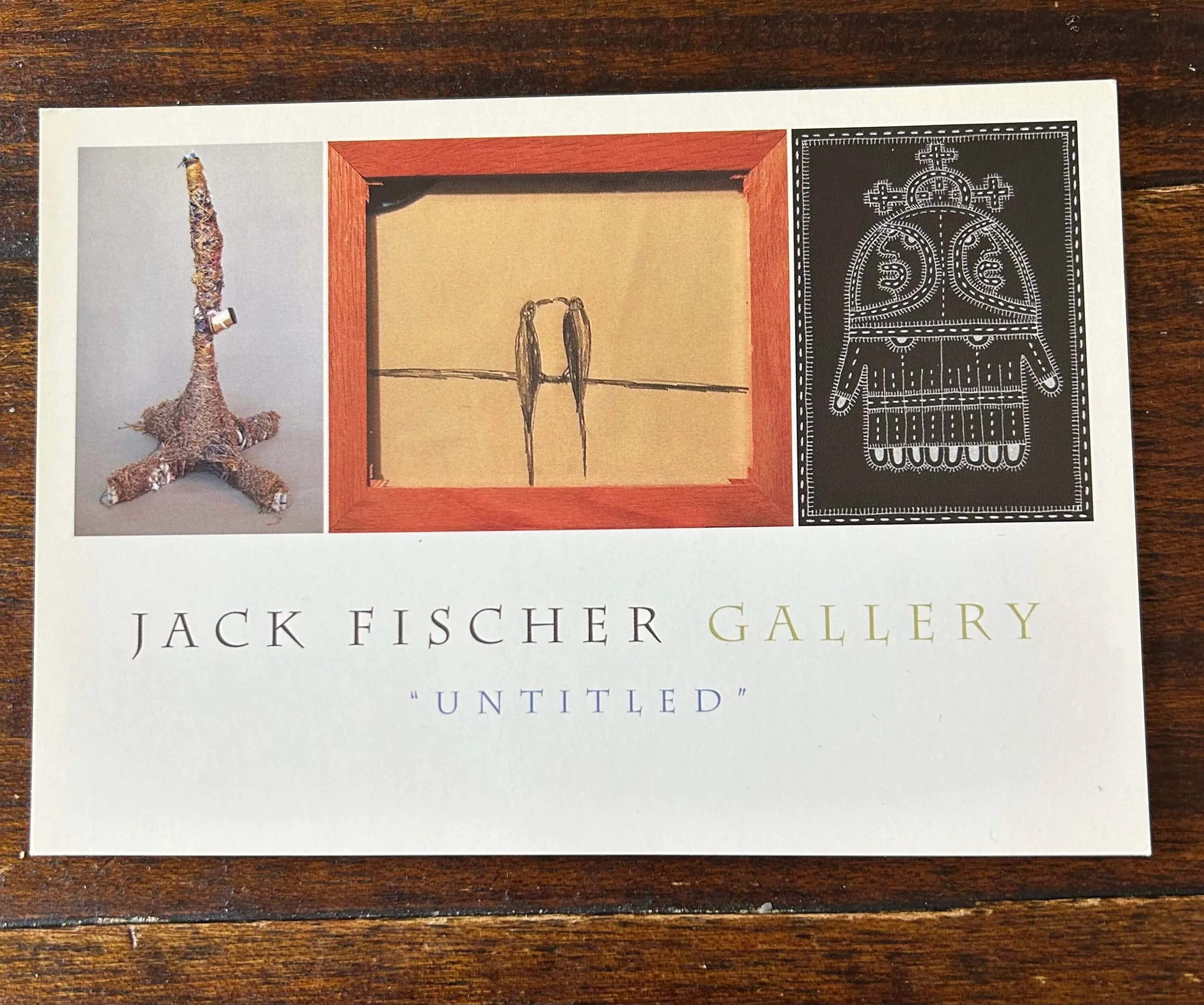 Postcard from a 2004 show featuring work of 3 artists from Creative Growth : Judith Scott, Dwight Mackintosh, and Daniel Miller.