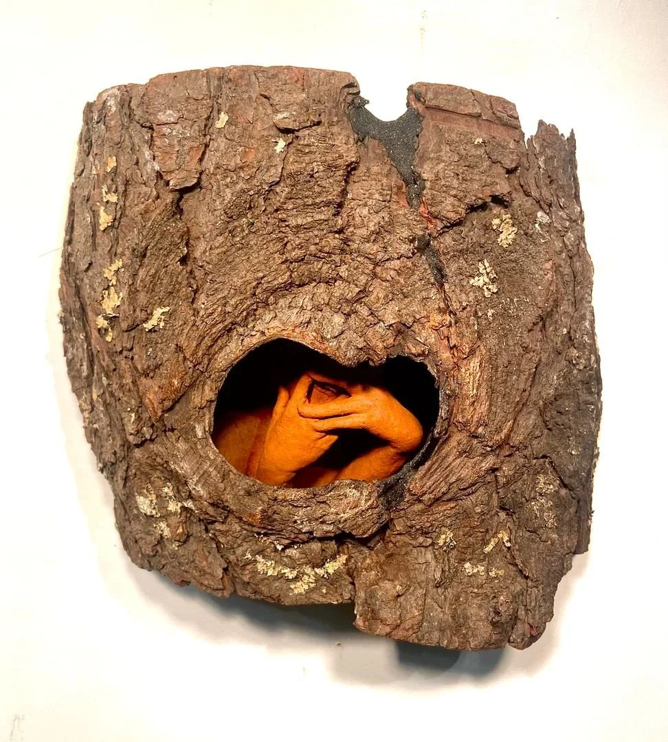 Arthur Gonzalez, Study for The Fence in the Hole, 2022, Ceramic, Wood, Bark, Epoxy, and Oxides, 11" x 12" x 5"