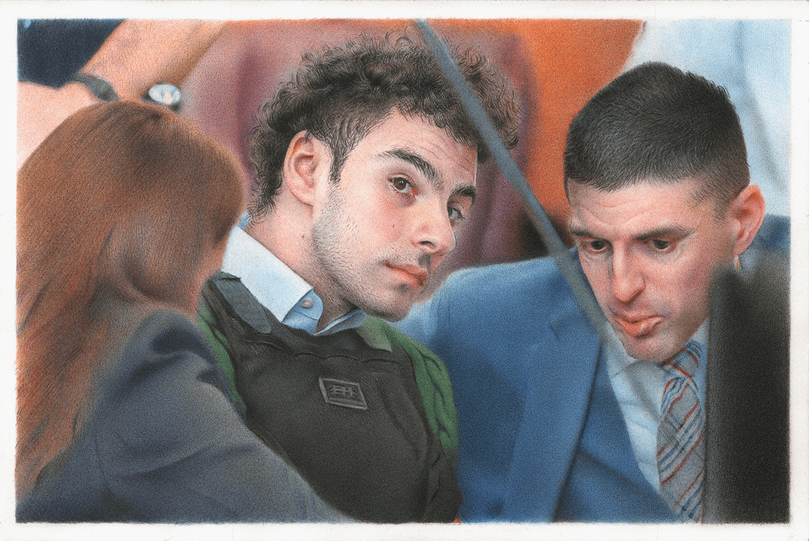   Luigi Mangione wears bulletproof vest for court appearance as lawyer complains about actors ‘playing  him on TV’, Just Jared, 21 February 2025, 2025, colour pencil on paper, 14 × 21 cm [framed 27 × 34 cm] 