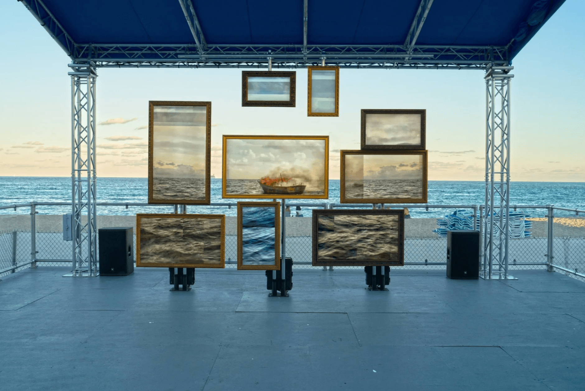 FLIGHT, 2019 Deborah Oropallo and Andy Rappaport 9-channel video with 2-channel sound Running tme: 11 minutes, 4 seconds  This image: Installation outdoors at Untitled Miami, December 2019