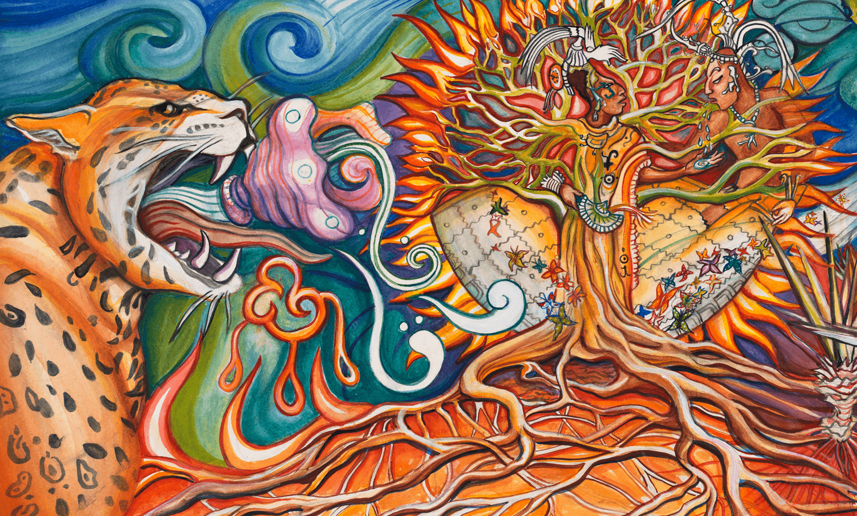 Detail, THE SPIRAL WORD: EL CODEX ESTANFOR, watercolor and digital print, detail of Stanford’s El Centro Chicano murals, 18.5” x 125”, with border 11’1” x 24”, Juana Alicia ©2012