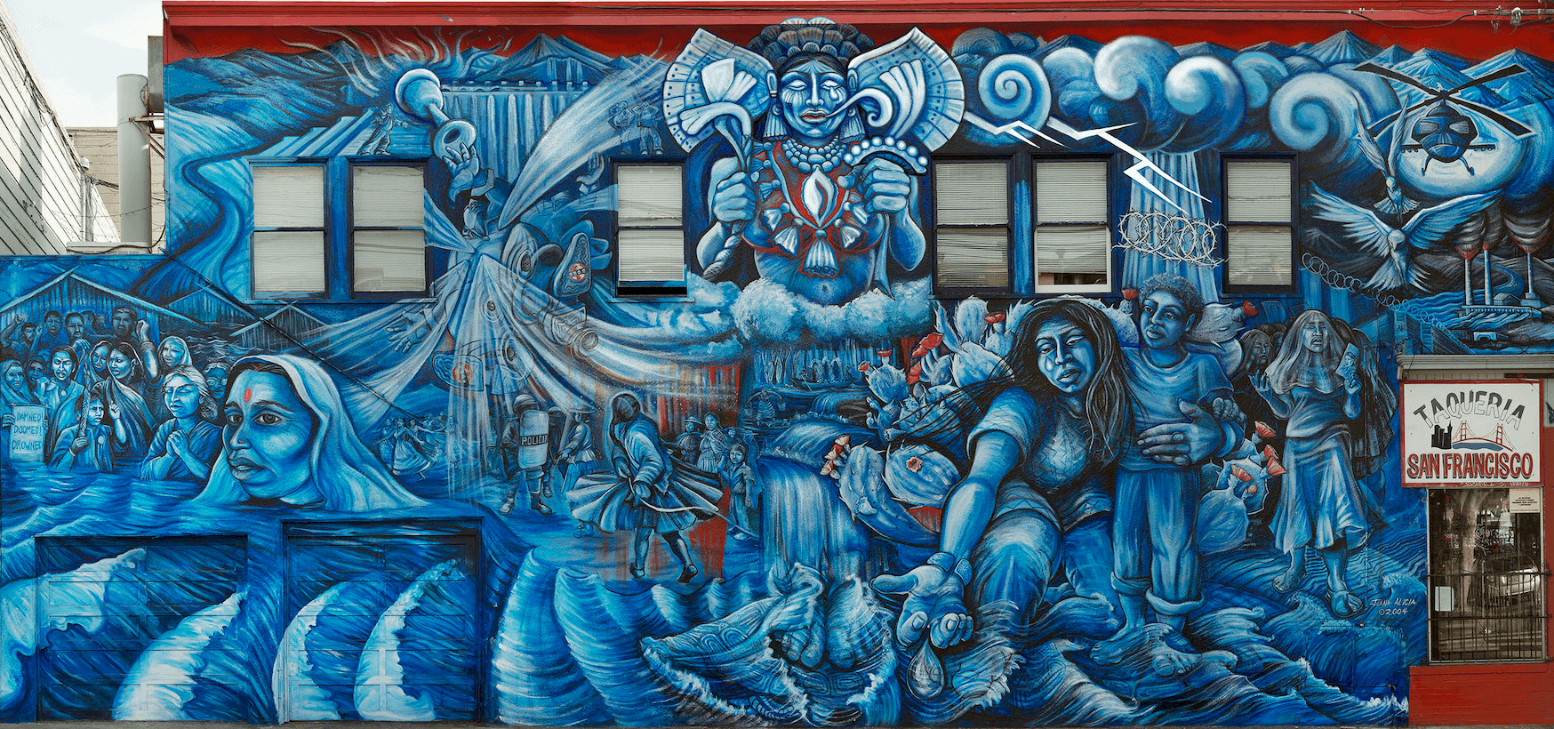 LA LLORONA’S SACRED WATERS, acrylic mural on stucco, 30’ x 70’. York and 24th Streets, San Francisco Mission District, Juana Alicia ©2004